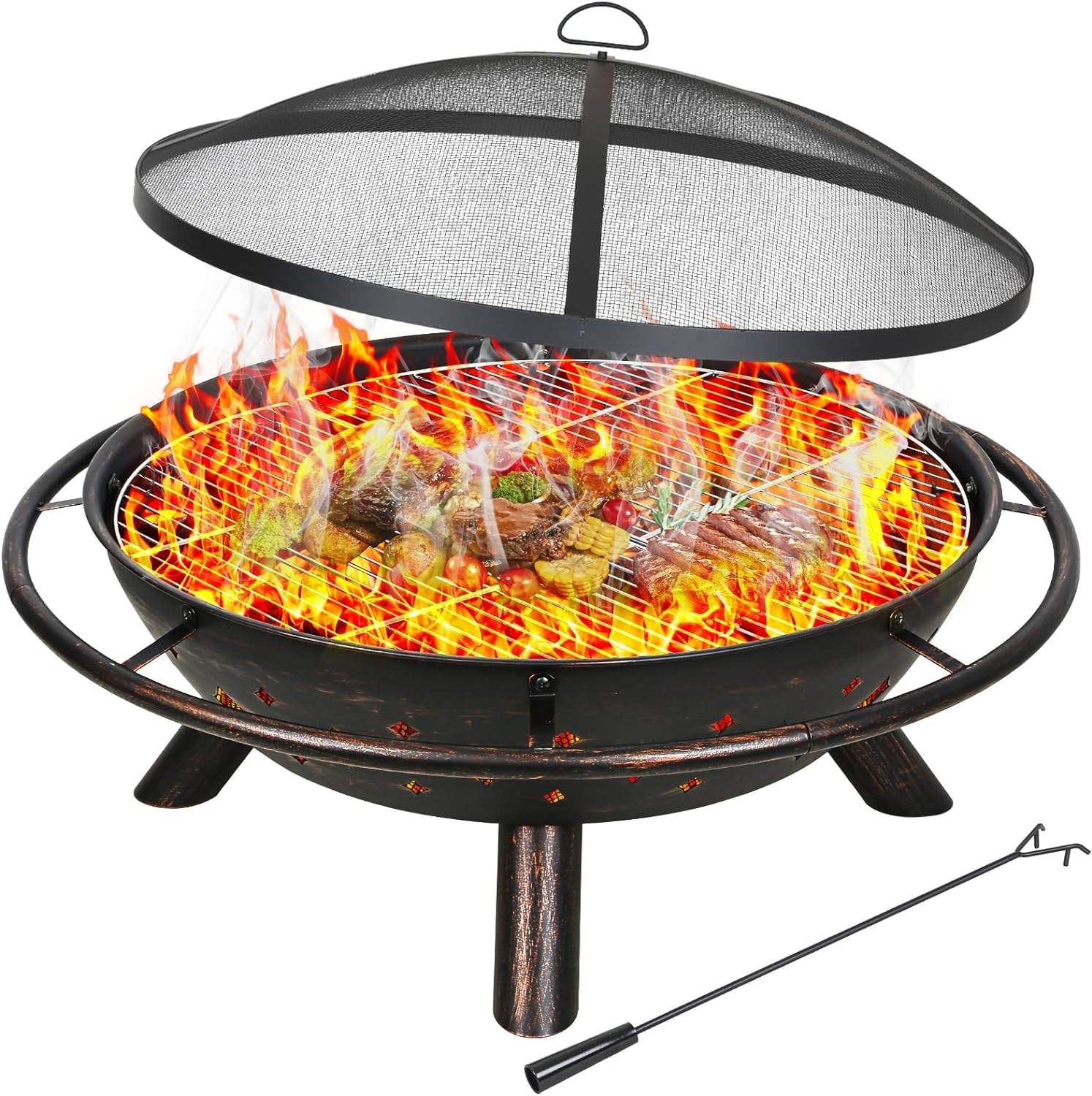 Hykolity 41 Large Size 2 in 1 Outdoor Fire Pit with Grill, Heavy Duty Steel Wood Burning Firepalce, Fire Bowl with Antiqued Copper Finish for Bonfire Patio Backyard