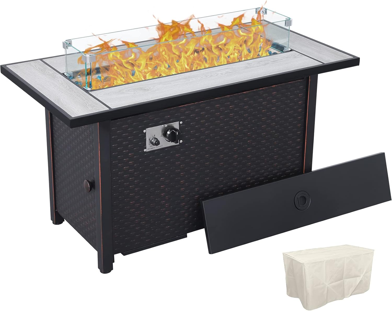 45 Inch Fire Table for Outside 60000 BTU Steel Gas Fire Pit Outdoor Fire Pit Table with Woodgrain Marble Tabletop Glass Wind Guard Cover and Blue Crystal Beads