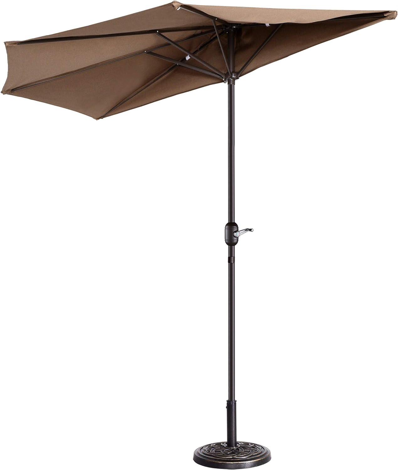 83-OUT5464 9' Outdoor Patio Half 5 Ribs Fade Resistant Condo or Townhouse Umbrella in Brown, Height: 7 11. Canopy Diameter (Coverage Area): 9 ft