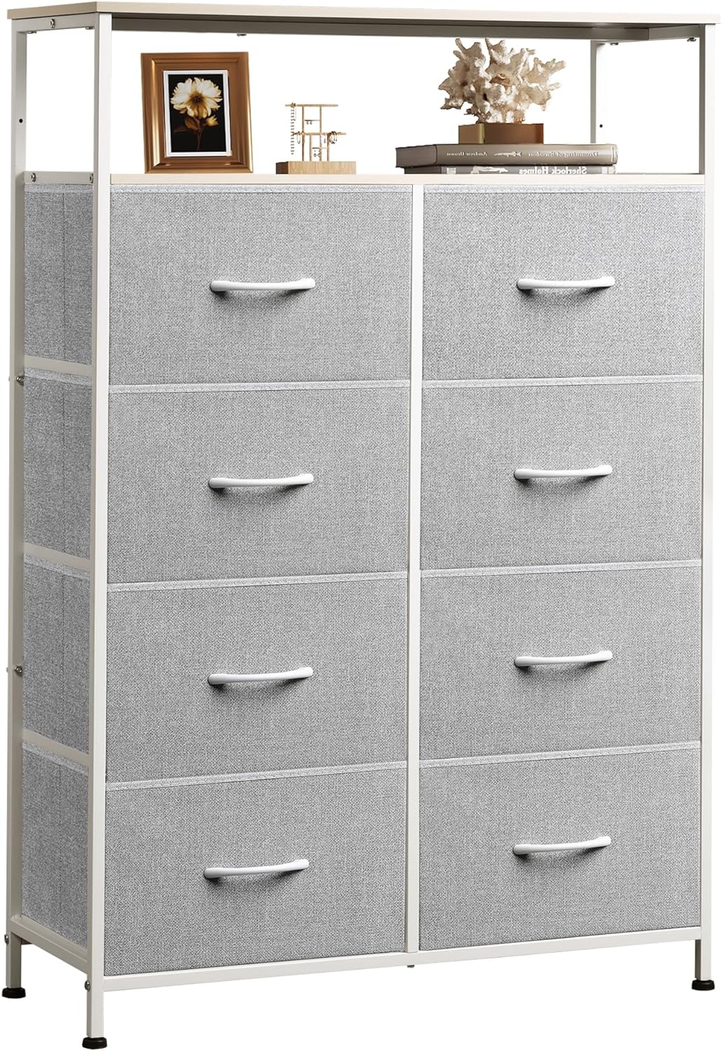 Love this space efficient dresser. I needed something for my walk in closet that has double hanging bars. I was worried it would not fit under the lower bar but it fit perfectly. The outer frame is sturdy and I like the top shelf. There are small spaces between the drawers but that is not an issue for me. The drawers are small but deep so it holds a good amount. It was easy to put together and looks a lot better than the plastic drawer units. I am already ordering coordinating pieces. I could se