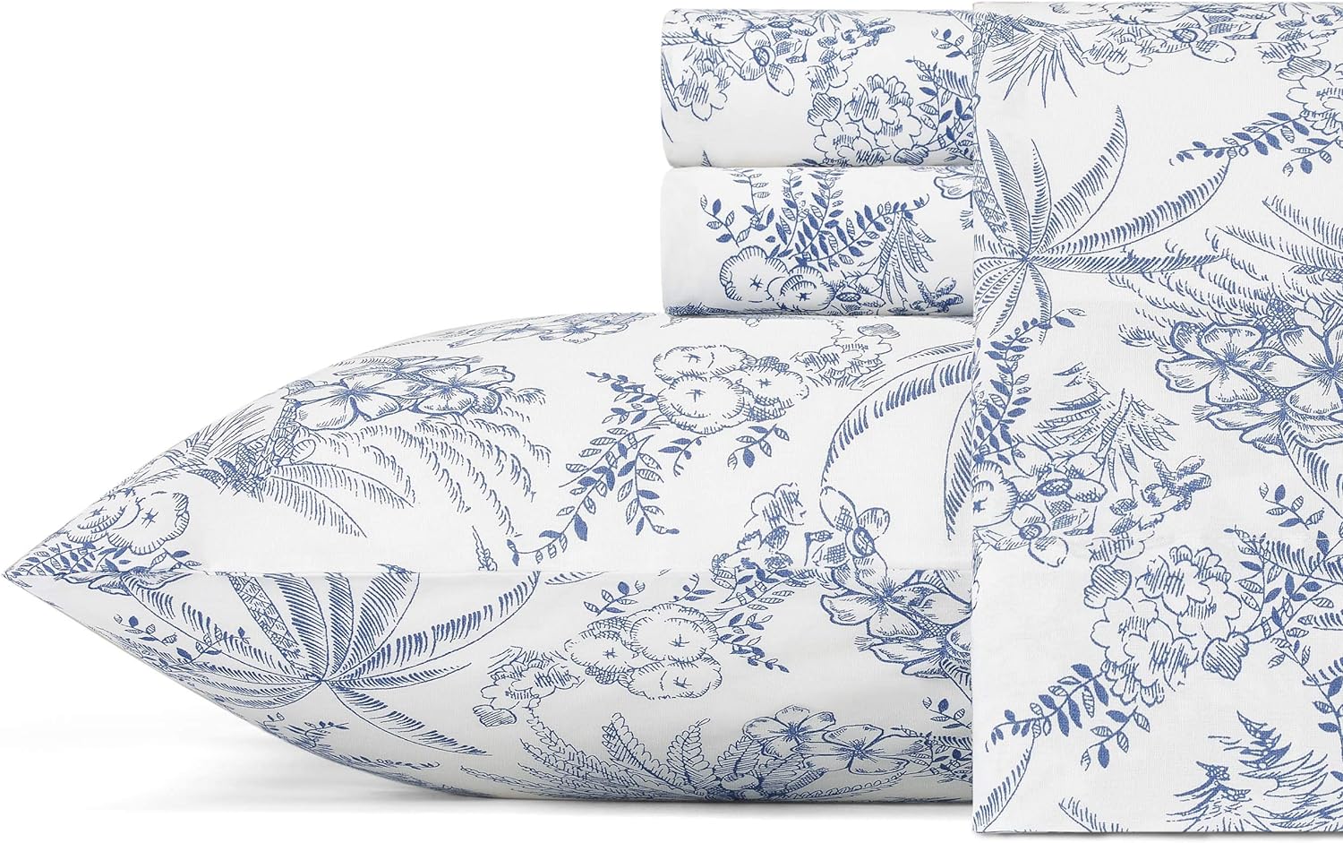 Tommy Bahama - Queen Sheets, Cotton Percale Bedding Set, Crisp & Cool, Stylish Home Decor (Pen and Ink Palm Blue, Queen)