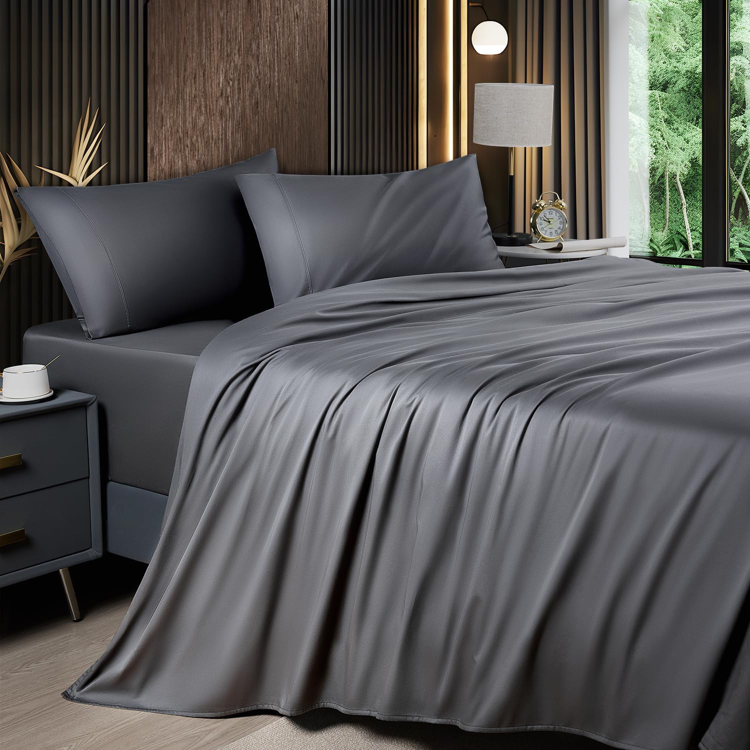 Shilucheng Cooling Breathable Bamboo_ Bed Sheets Set - 1800 Thread Count Super Silky Soft with 16 Inch Deep Pocket, Machine Washable, 4 Piece(Queen Size,Dark Grey)