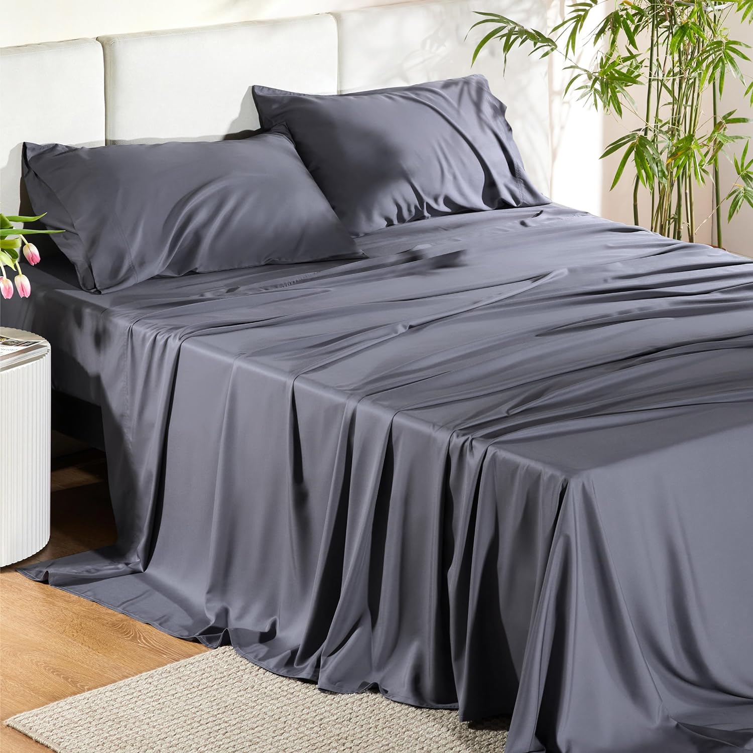 Bedsure King Size Sheet Set, Cooling Sheets King, Rayon Derived from Bamboo, Deep Pocket Up to 16, Breathable & Soft Bed Sheets, Hotel Luxury Silky Bedding Sheets & Pillowcases, Dark Grey