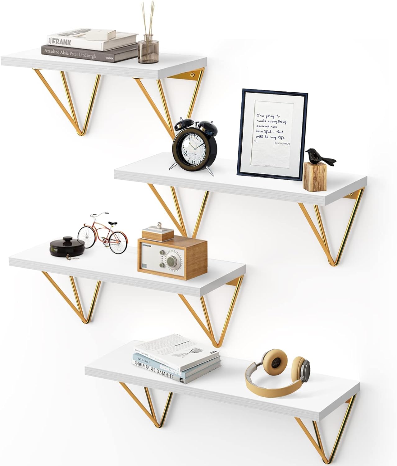 I have been searching for quality shelves of a specific size for almost 3 months and these finally did the trick! The sizing is perfect for what I needed and because they come in different widths, I actually ordered 2 sets for other things. They are great quality shelves too. A lot of others I tried were very cheaply made but not these ones. The gold accent of the bracket is super cute with the white shelf too. Once screwed into the wall, you can immediately tell they are very sturdy shelves. I 