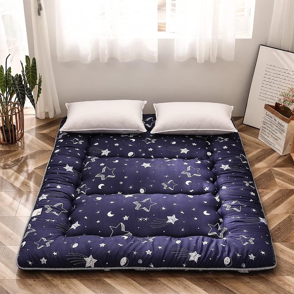 Navy Star Futon Mattress Japanese Floor Mattress Tatami Floor Mat Foldable Bed Portable Camping Mattress Kids Sleeping Pad Floor Lounger Couch Bed Queen Size