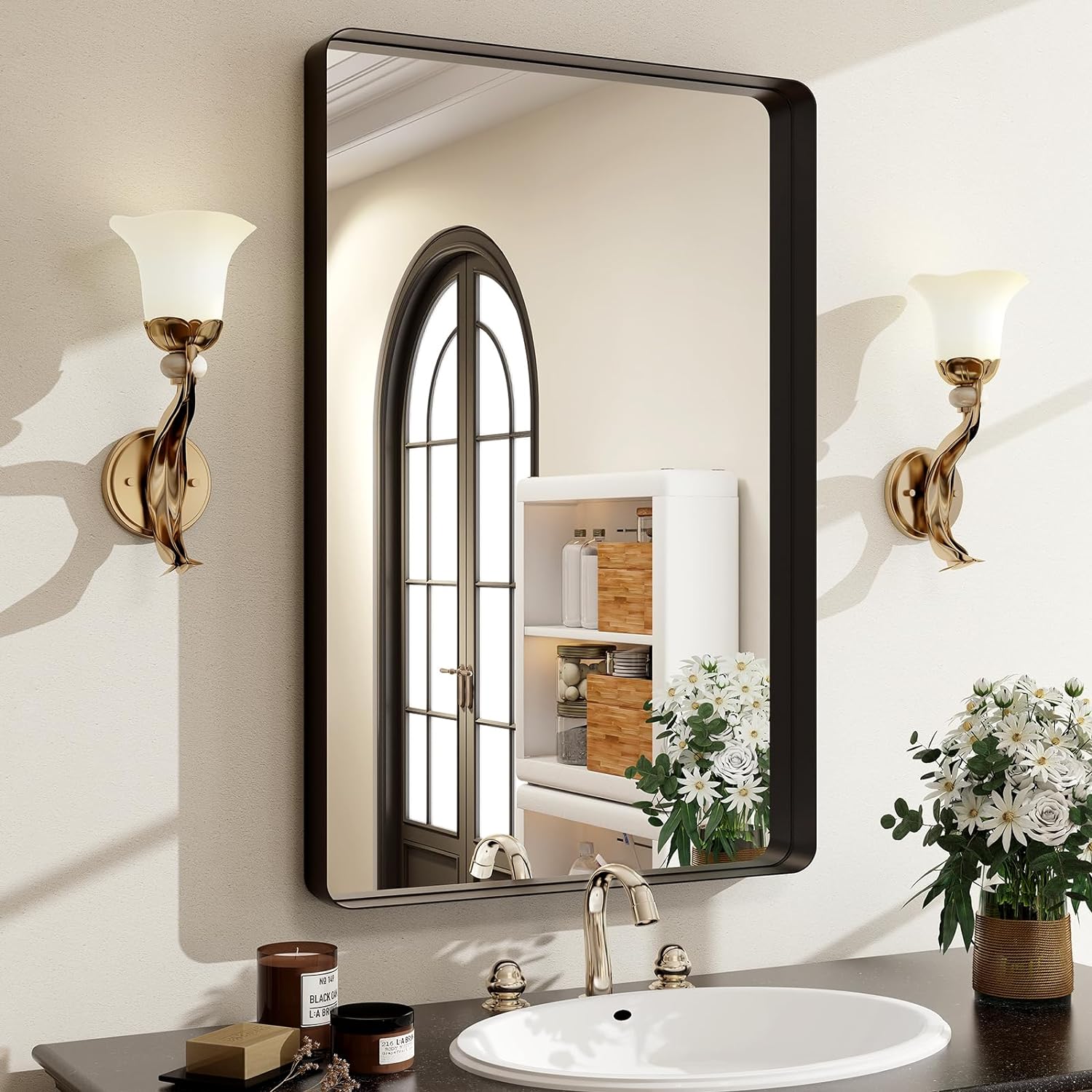 I absolutely love this mirror. I got this one first to look over and make sure it would work in the space. It will be perfect over my son' bathroom vanity. I paid for a second one to go over my daughter' vanity. It can be hung vertical or horizontal. I like the way they have the hanging bracket. You'll screw in the sturdy metal piece then you'll slide the mirror across it. Easy to hang. We are building right now so we were able to add extra blocking support in the wall for this. The bracket is
