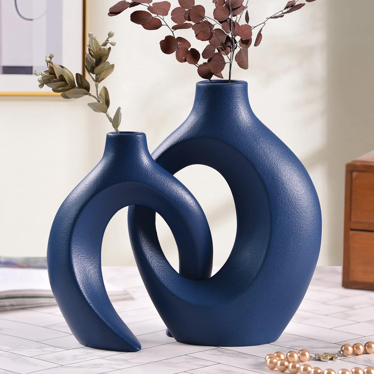 Blue Ceramic Vase for Modern Home Decor, Matte Snuggle Hollow Flower Vase for Pampas Grass,Boho Decor Donut Decorative Vase Set of 2 for Table Centerpiece Office Bookshelf Living Room Decor