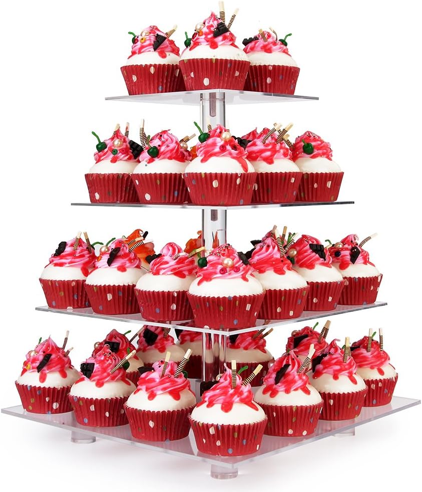 YestBuy 4 Tier Cupcake Stand, Acrylic Cupcake Tower Stand, Premium Cupcake Holder, Clear Cupcake Display for 52 Cupcakes, Display for Pastry Wedding Birthday Party (4 Tier Square with BASE)