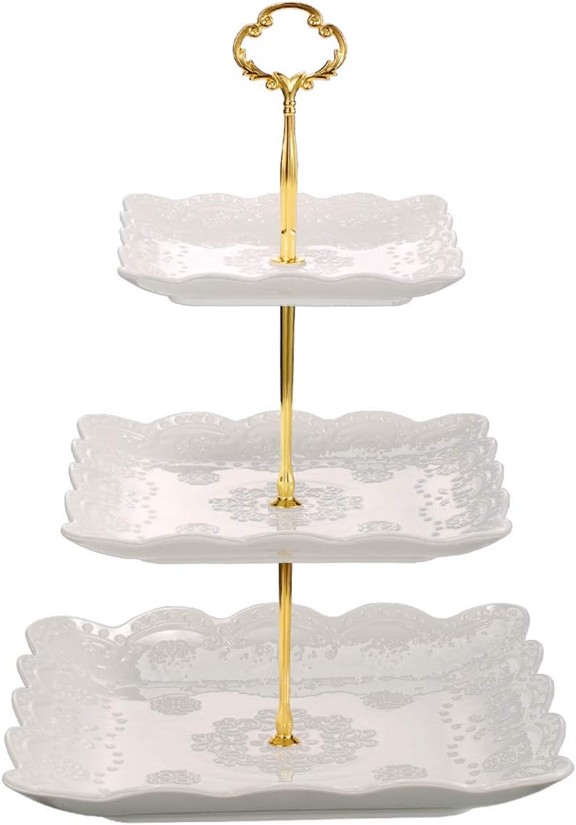 Sumerflos 3 Tier Porcelain Cupcake Stand, Tiered Serving Cake Stand, Square White Embossed Dessert Stand, Weddings Parties Pastry Serving Tray