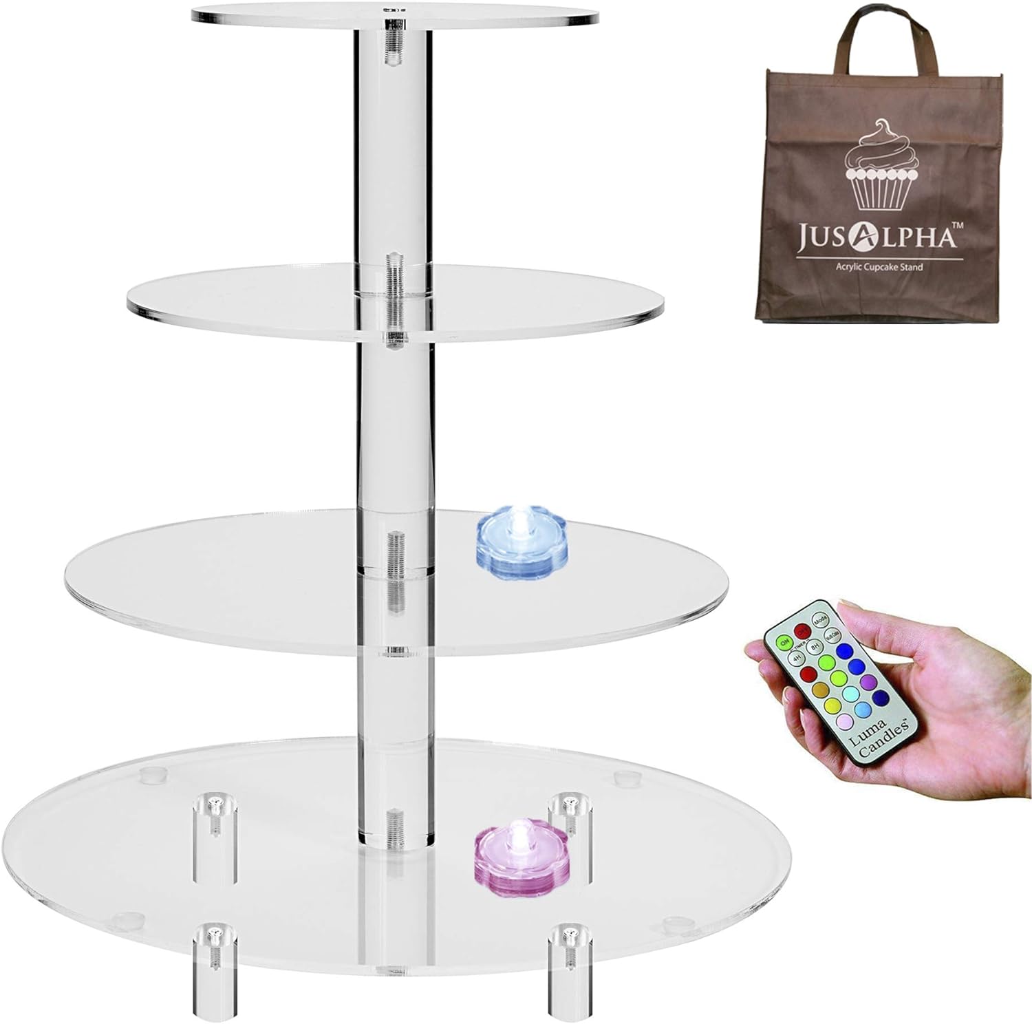 Jusalpha 4 Tier Acrylic Glass Round Cake Stand-Cupcake Stand- Dessert Stand-Tea Party Serving Platter for Wedding Party with Rod Feet 4RF(With LED Light)