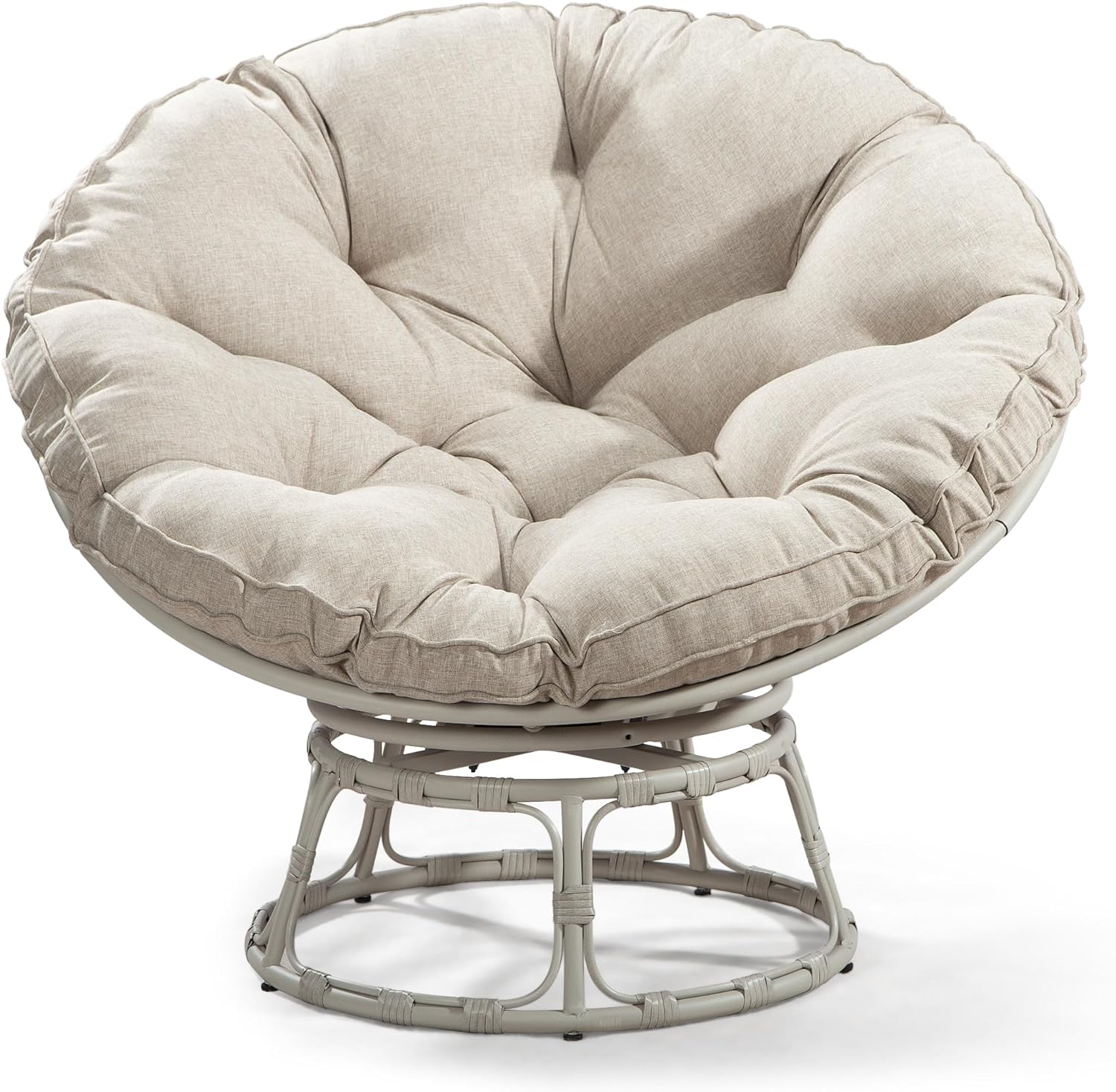 Joyside Papasan Chair with Cushion and 360 Swivel Base, Papasan Lounge Chair with Cushion and Sturdy Frame, Large Saucer Chair, Lazy Chair, Circle Chair, Round Chair, Light Grey/Beige