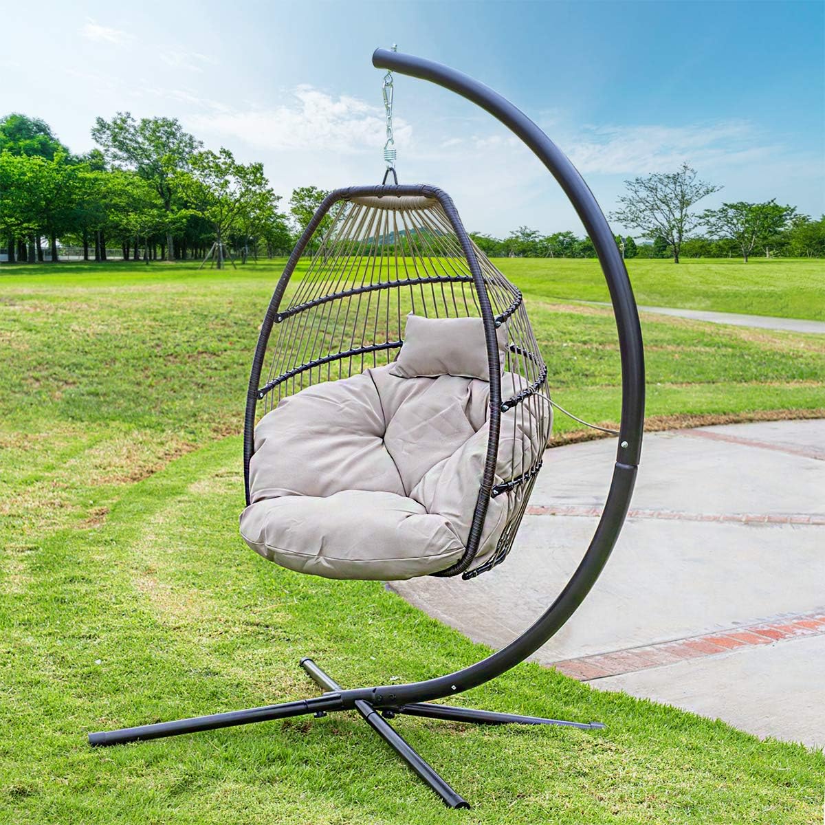 Barton Premium Egg Chair Egg Style Hanging Chair Beige w/Deep Cushion Soft Relaxing Luxury Outdoor Indoor Patio Bedroom Hanging Swinging