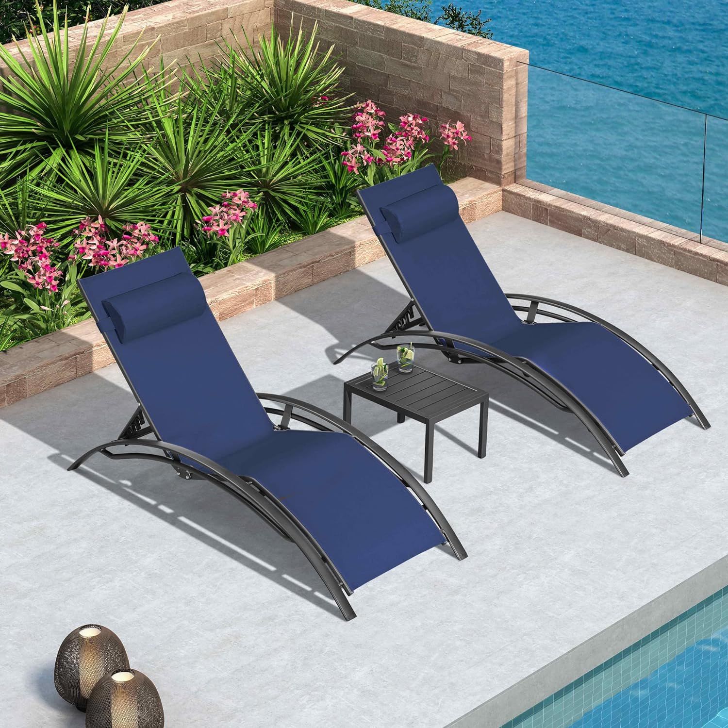PURPLE LEAF Patio Chaise Lounge Set Outdoor Beach Pool Sunbathing Lawn Lounger Recliner Outside Tanning Chairs with Arm for All Weather Side Table Included Navy Blue