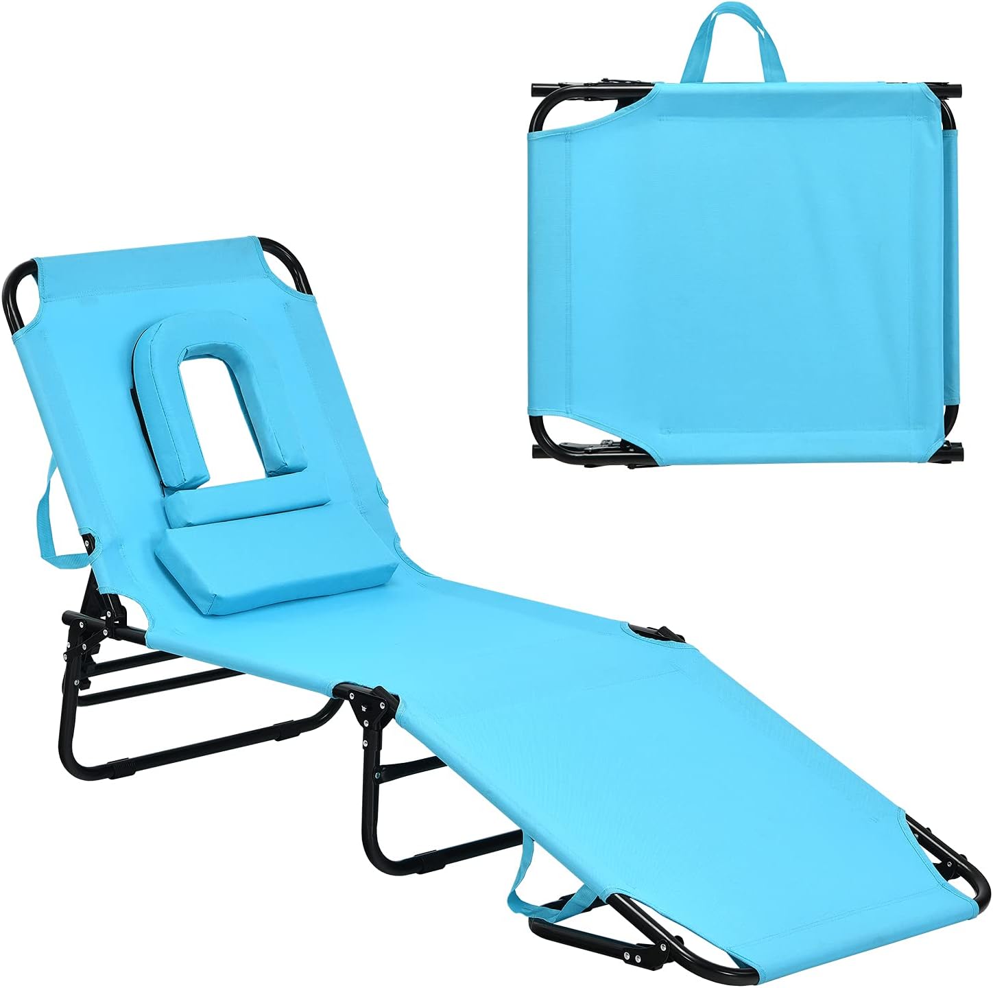 GYMAX Beach Lounge Chair, Sunbathing Chair Patio Lounge Chair Folding Adjustable Recliner with Hole for Face