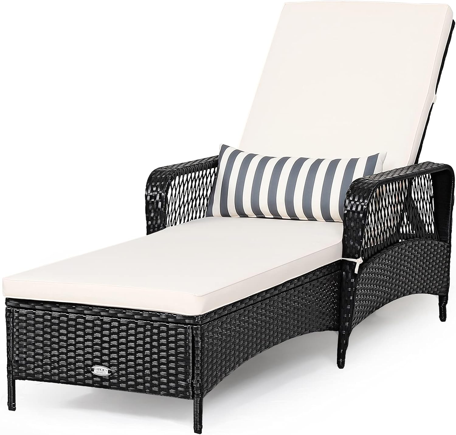 Tangkula Patio Wicker Chaise Lounge Chair, Outdoor Rattan Reclining Chaise w/ 6-Gear Adjustable Backrest, Thick Padded Cushion & Removable Lumbar Pillow, Ideal for Lawn, Beach, Balcony (Black)