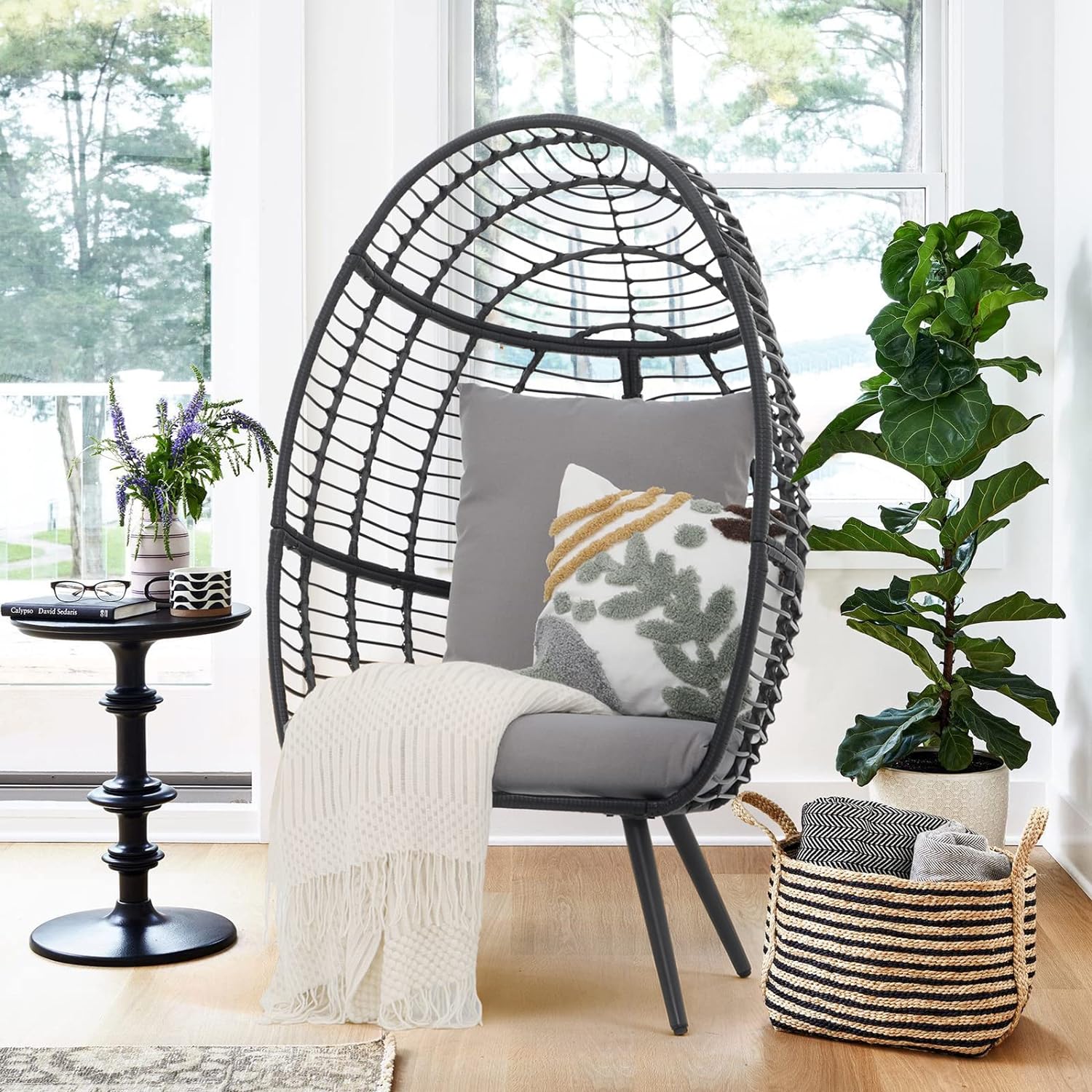 Patiorama Wicker Egg Chair Outdoor Indoor, Rattan Lounge Chair for Outside w/Legs Cushion, Basket Wicker Chair for Bedroom Living Room Front Porch Backyard Garden 350 lbs Capacity (Grey)