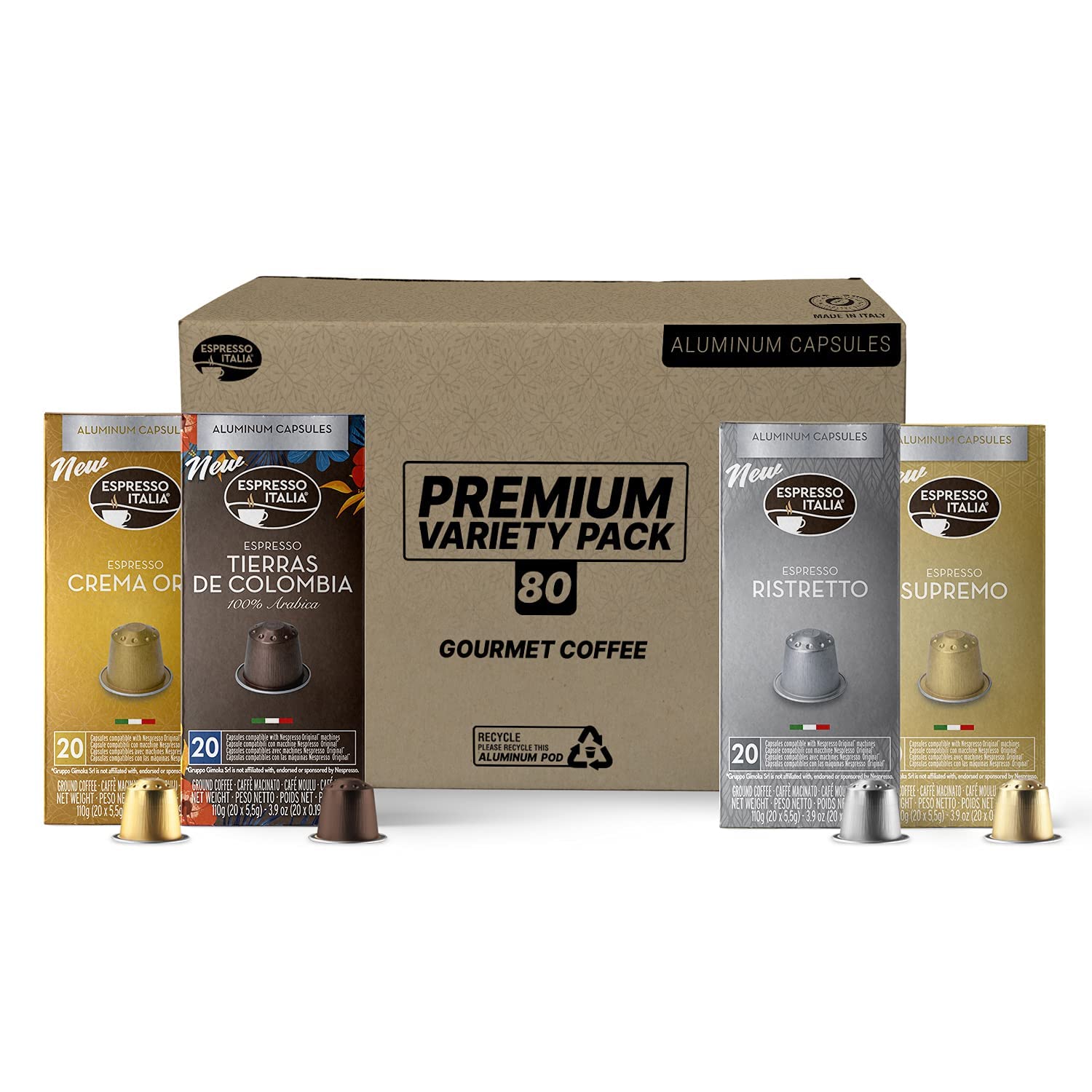 Espresso Italia Aluminum Capsules compatible with Nespresso Original Line machines (80 Pods (Premium Variety Pack)