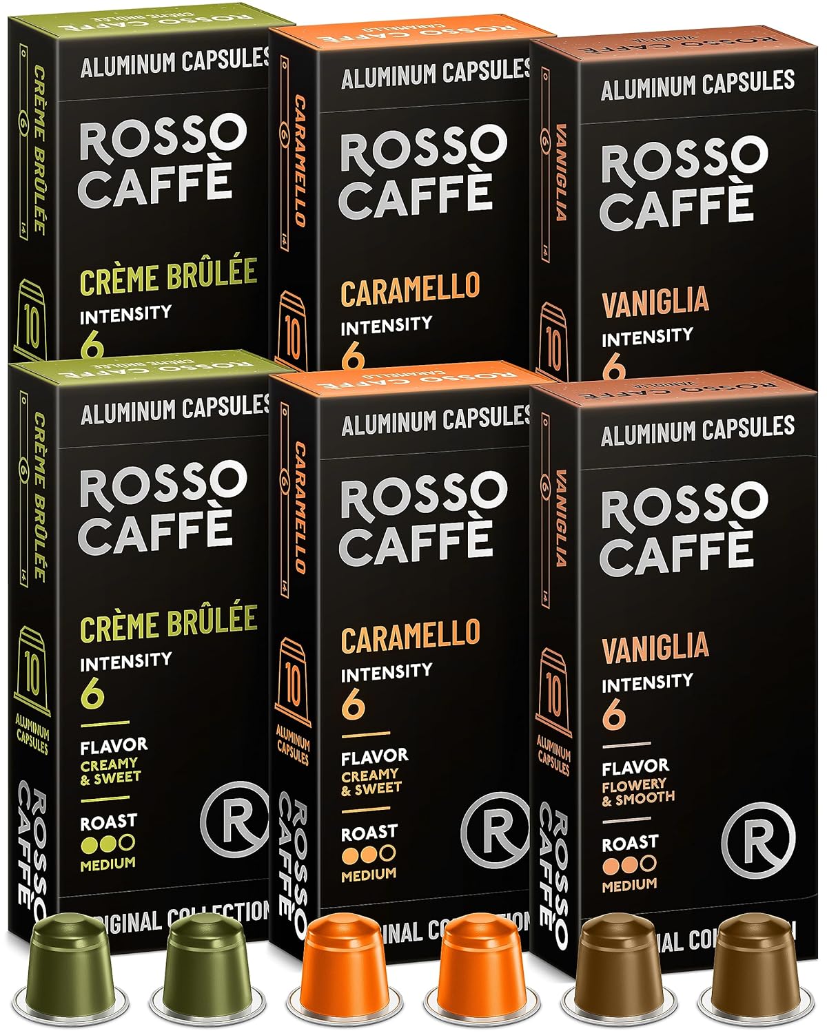 Rosso Coffee Capsules for Nespresso Original Machine - 60 Espresso Pods Vanilla, Caramel, Creme Brulee- Single-Serve Aluminum Coffee Pods - Compatible with Nespresso Original Line Machines (Flavor 60)