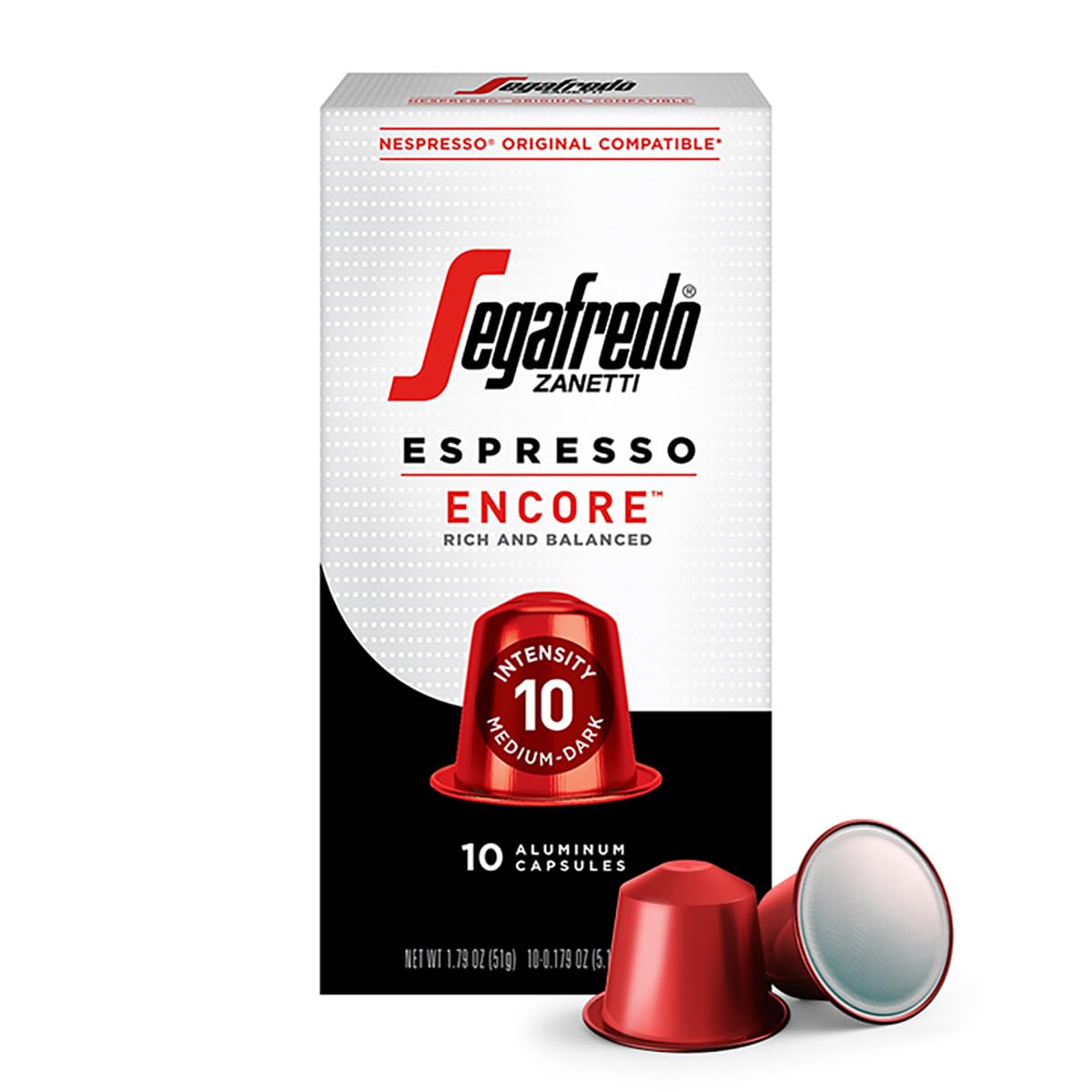Segafredo Zanetti Encore Espresso Capsules, Medium-Dark Roast, Intensity 10, Compatible with Nespresso Original Machines, 10 Count Aluminum Pods