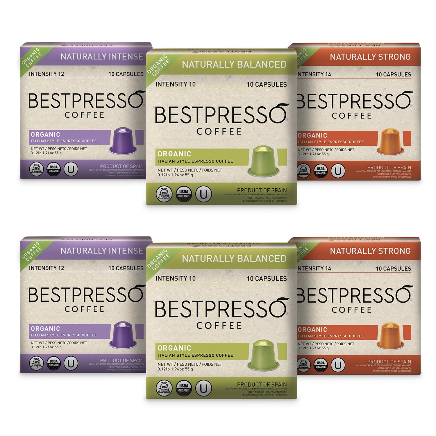 Organic USDA Bestpresso Coffee Aluminum Espresso Pods For Nespresso Original Machine 120 Pack (Variety Pack)