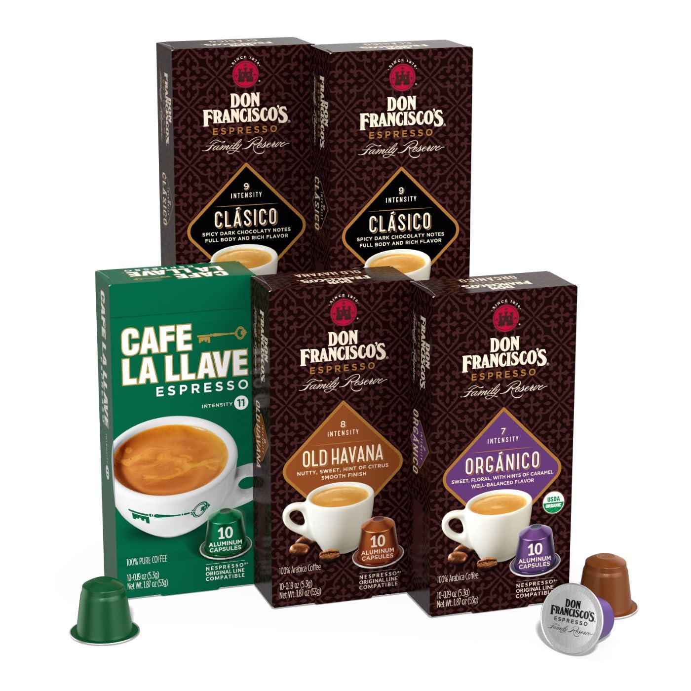 Don Francisco' and Cafe La Llave Espresso Capsule Variety Pack - 50 Count Aluminum Recyclable Pods, Compatible with Original Nespresso Machines