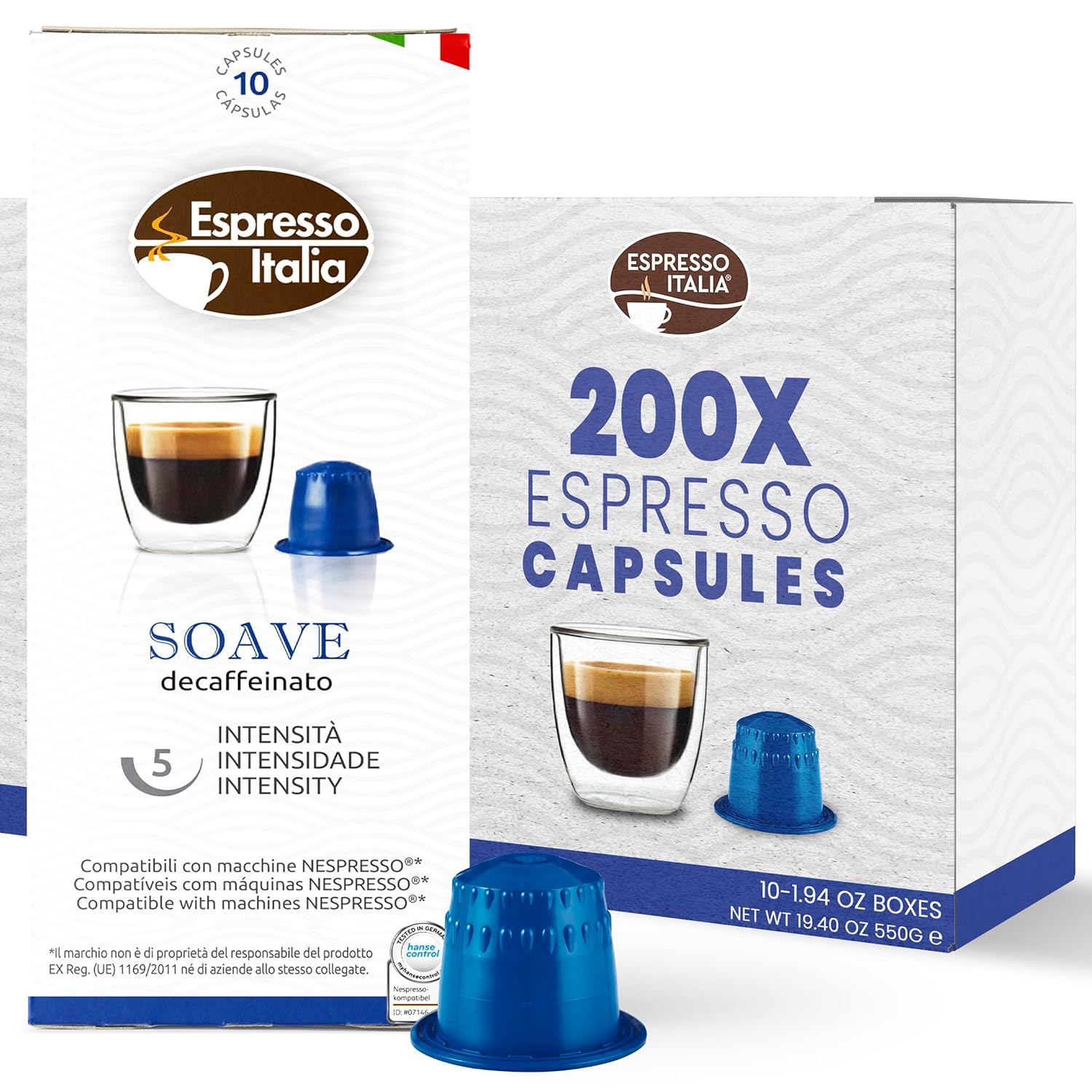 Decaffeinated Nespresso Compatible Capsules - 200 Espresso Italia Decaf Nespresso Coffee Capsules for Nespresso machines. SOAVE Italian Coffee blend, Bold intensity