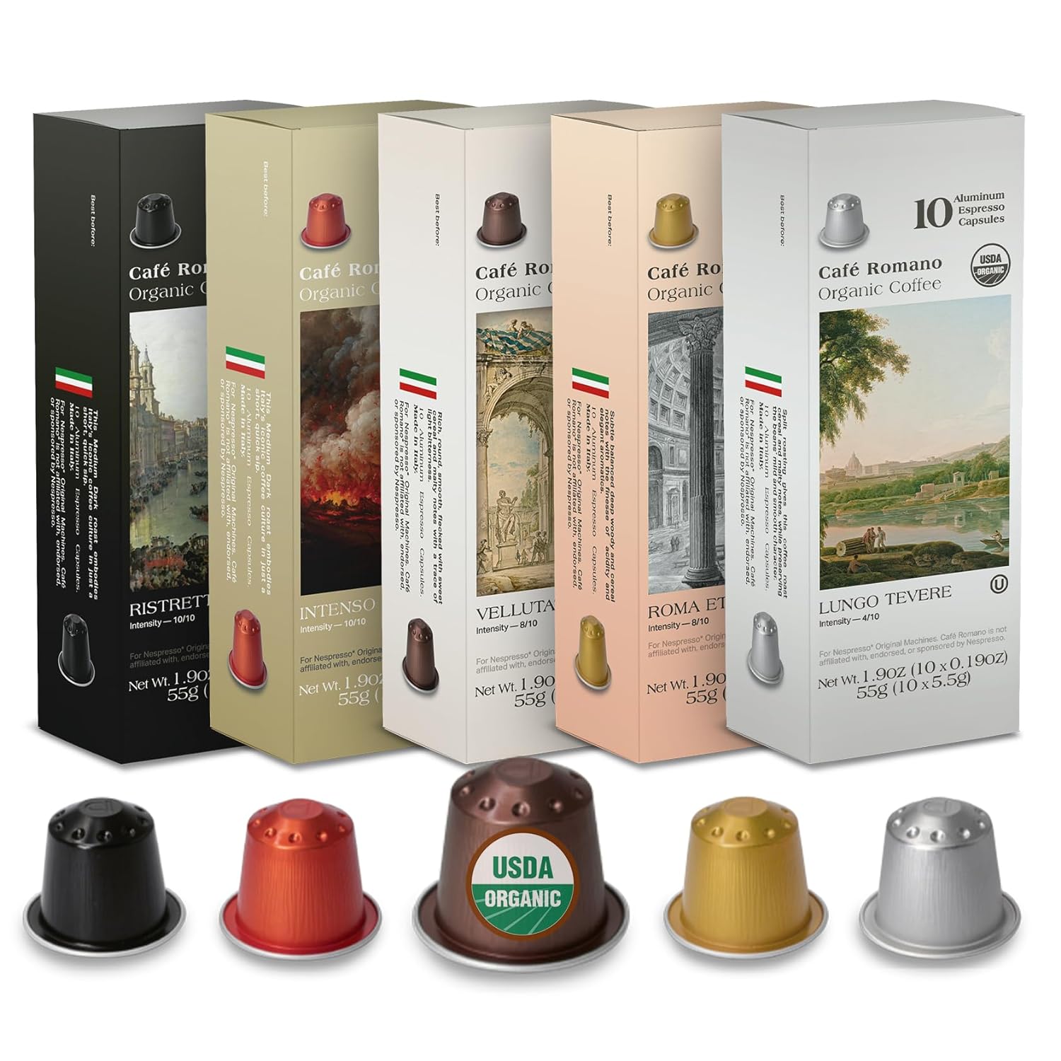 Organic USDA Caf Romano Coffee Aluminum Espresso Pods For Nespresso Origninal Machine 100 Pack Italian Espresso Coffee 100% Arabica (Variety pack)
