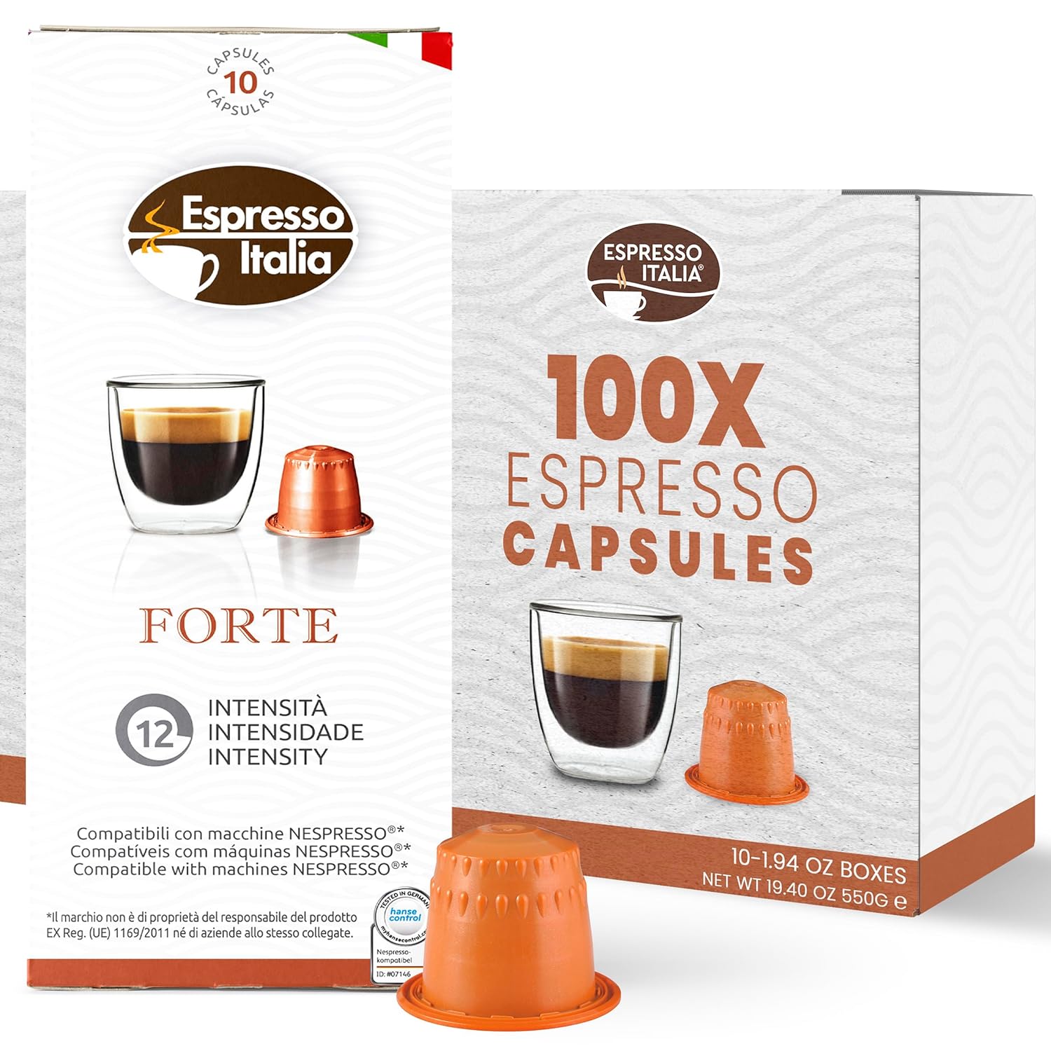 ESPRESSO ITALIA Capsules Compatible with Nespresso Machines, 100 Count - FORTE, Italian Coffee Pods Expresso Intensity 12