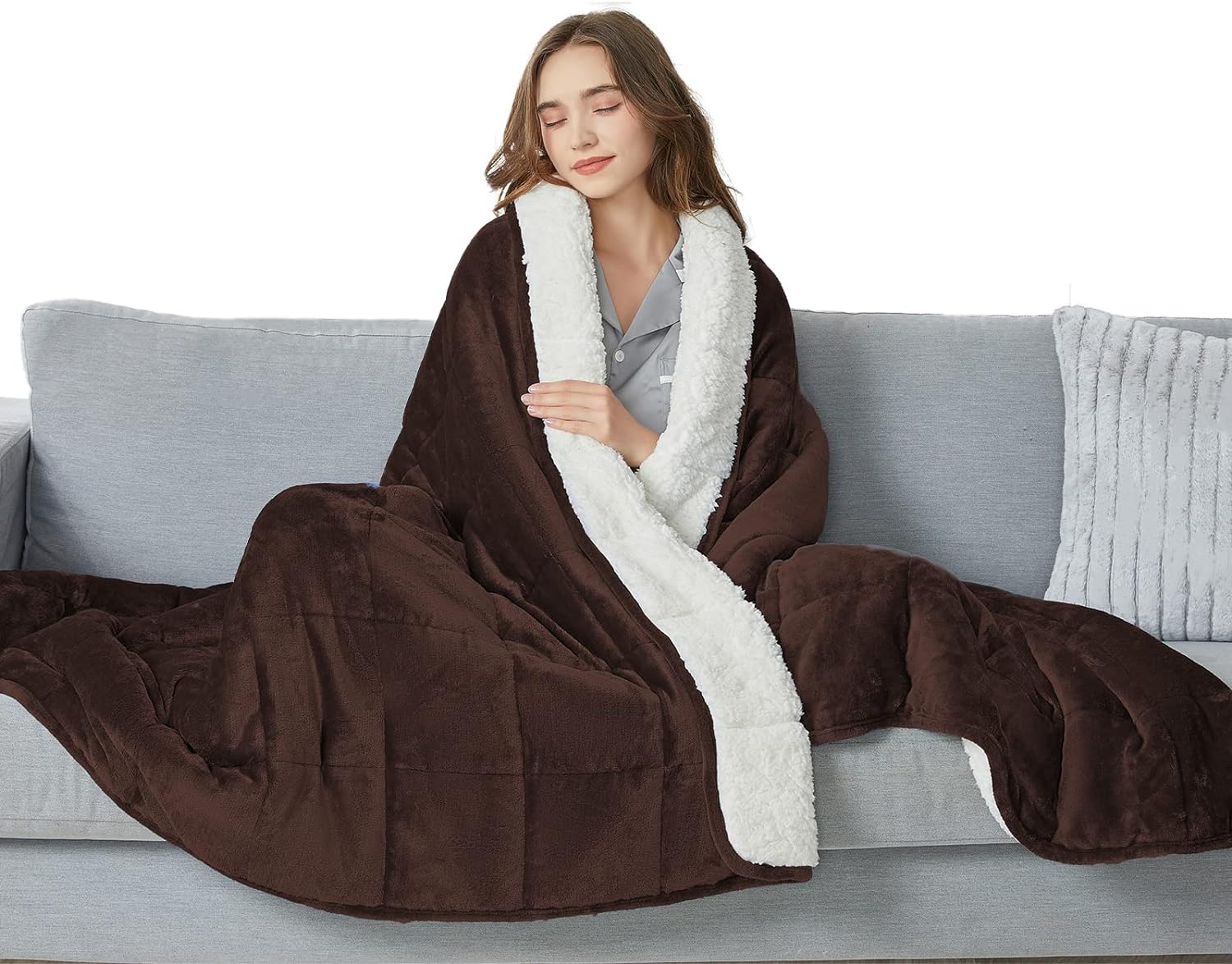 CYMULA Flannel Weighted Blanket Adult: 4872inch Sherpa Fleece Heavy Blanket -BreathableSoft Blanket 15lbs Twin Size - Snuggly Bed Blankets with Glass Beads- Brown