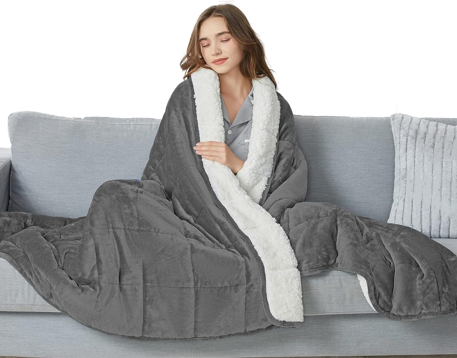 CYMULA Flannel Weighted Blanket Adult: 6080inch Sherpa Fleece Heavy Blanket -BreathableSoft Blanket 20lbs Queen Size - Snuggly Bed Blankets with Glass Beads- Light Grey