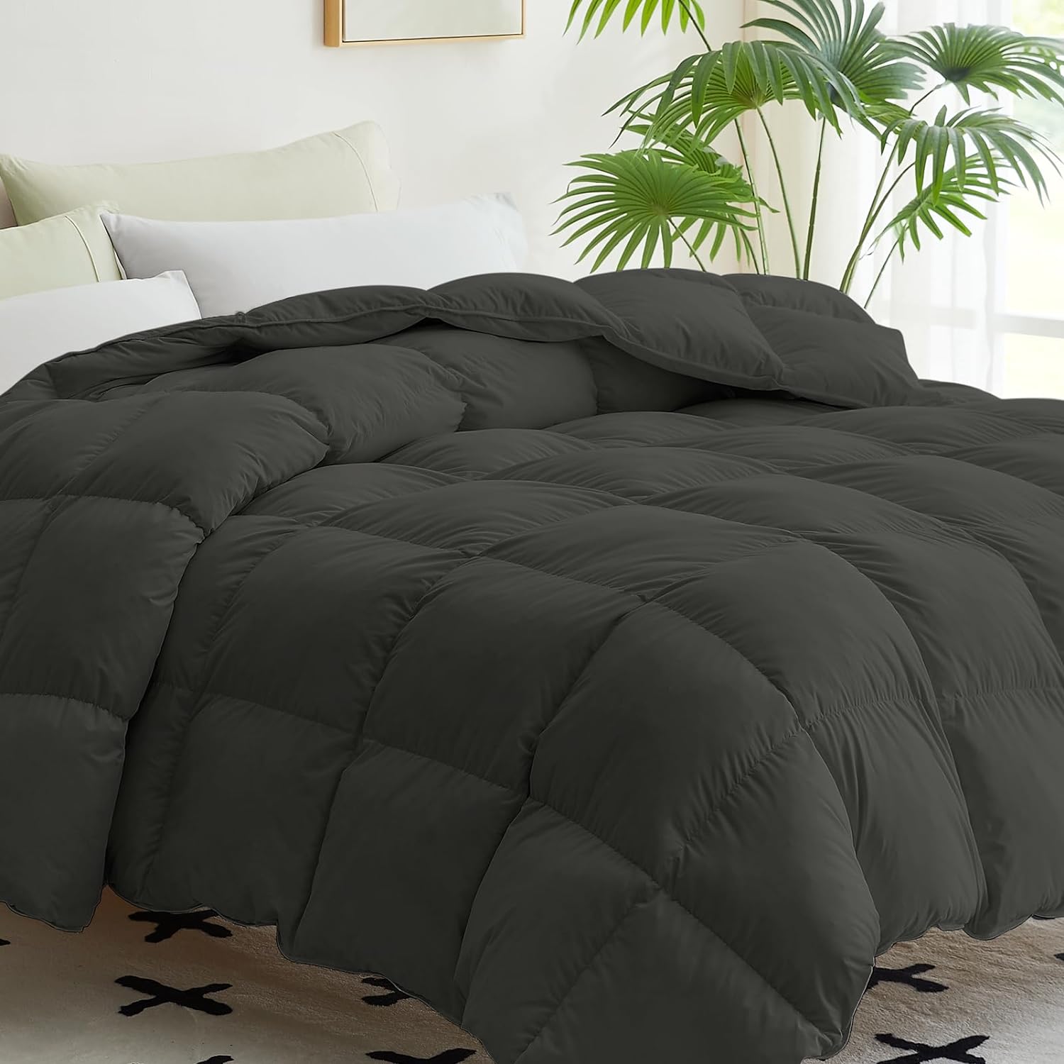 CYMULA Feather Down Comforter Full Size with 100% Cotton Cover, Medium Warmth Duvet Insert with Luxurious Down Fill, 8 Corner Tabs and Machine Washable for All Seasons (82x86 Inches, Dark Grey)