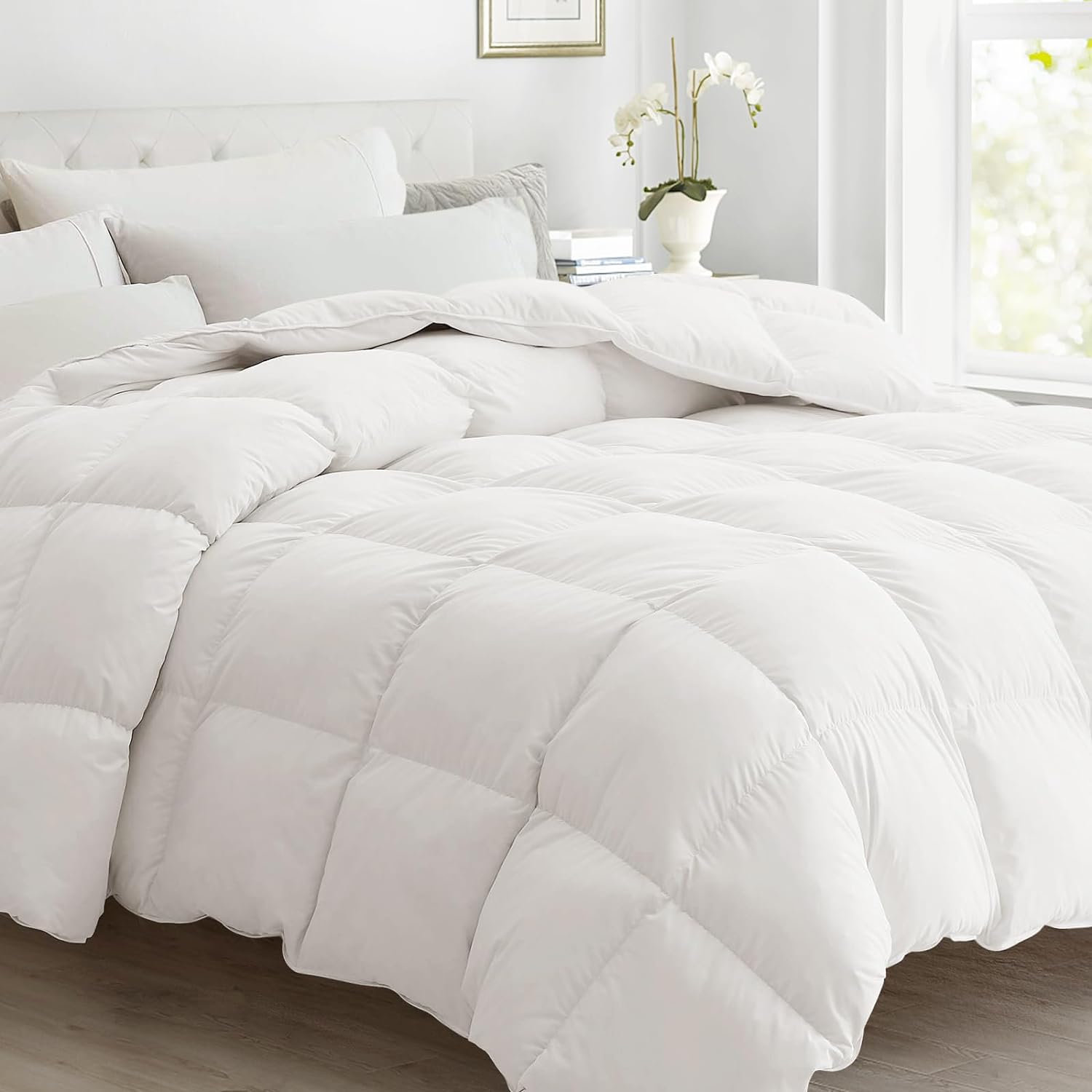 CYMULA Feather Down Comforter Oversized King Size with 100% Cotton Cover, Medium Warmth Duvet Insert with Luxurious Down Fill, 8 Corner Tabs and Machine Washable for All Seasons (116x98 Inches, White)