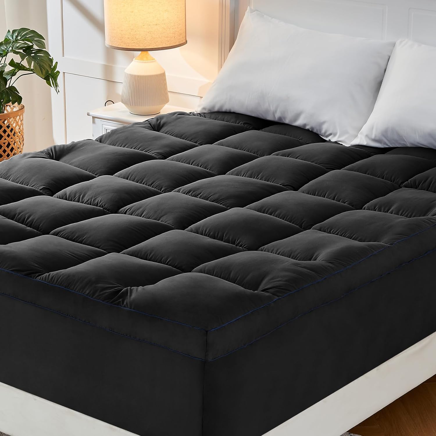 CYMULA California King Mattress Topper, Cooling Pad Cover, Extra Thick Pillow Top Topper with 8-21 Inch Elasticated Deep Pockets, Plush Down Alternative Fill Protector, Black