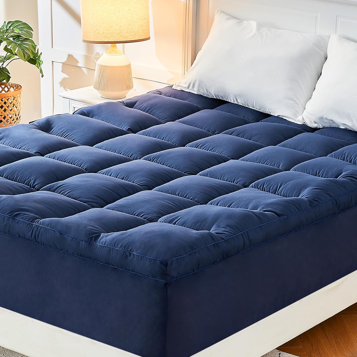 CYMULA Mattress Topper Queen, Cooling Pad Cover, Extra Thick Pillow Top with 8-21 Inch Elasticated Deep Pockets, Plush Down Alternative Fill Protector, Navy