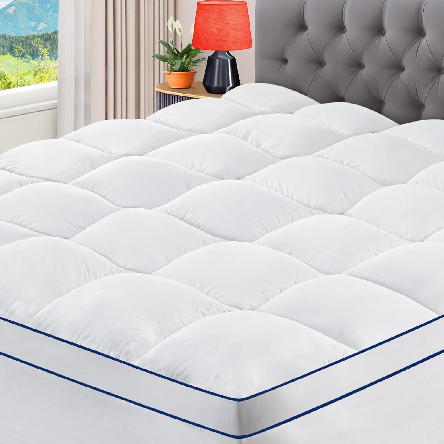 CYMULA Mattress Topper Queen, Cooling Mattress Pad Cover, Extra Thick Pillow Top Mattress Topper with 8-21 Inch Elasticated Deep Pockets, Plush Down Alternative Fill Mattress Protector