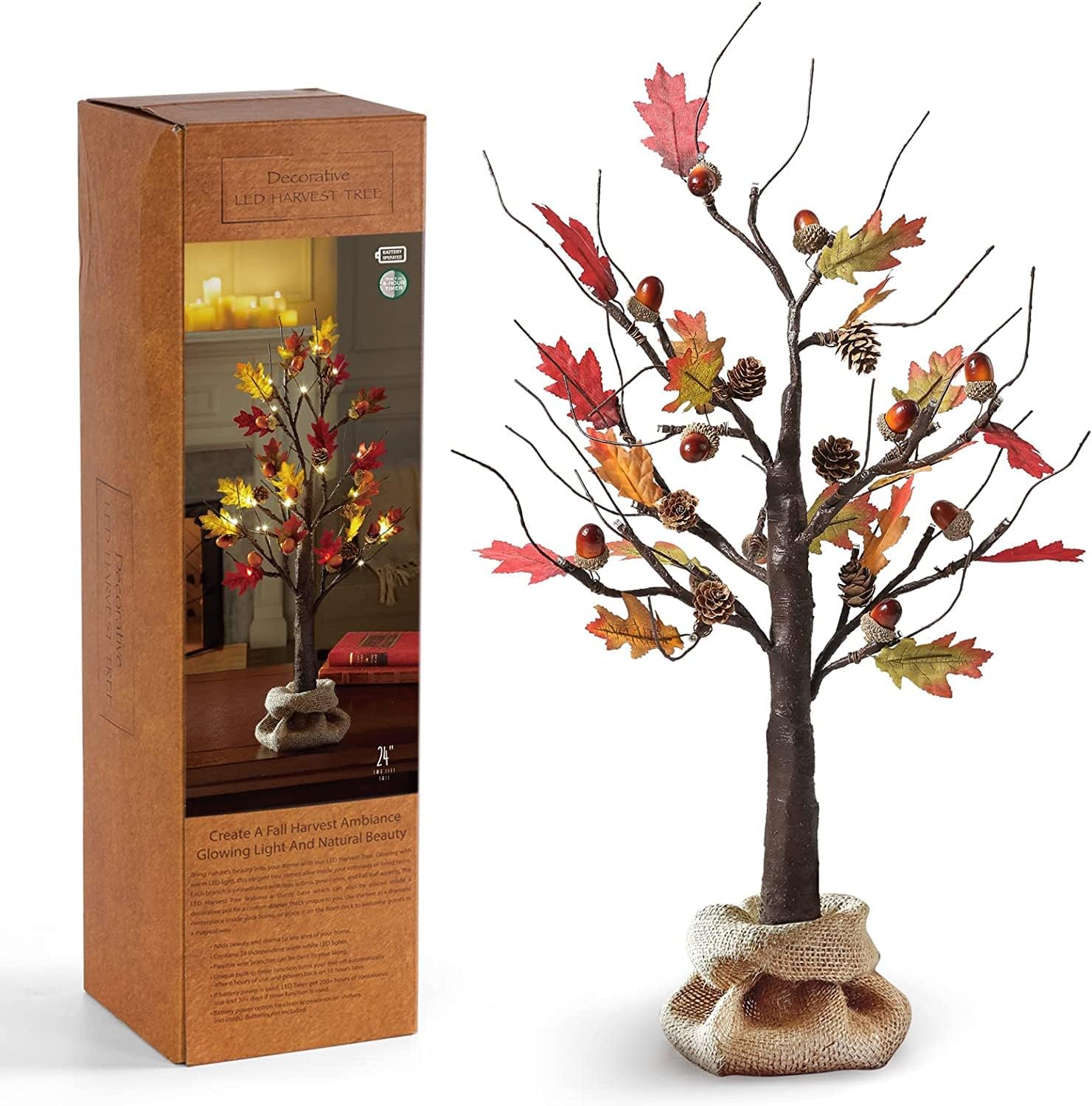 This tree is so cute! It has the cutest little acorns on it, and is definitely a good addition to Thanksgiving and fall decor. It also has an automatic timer for the lights that comes on every evening. I am very happy with my purchase.
