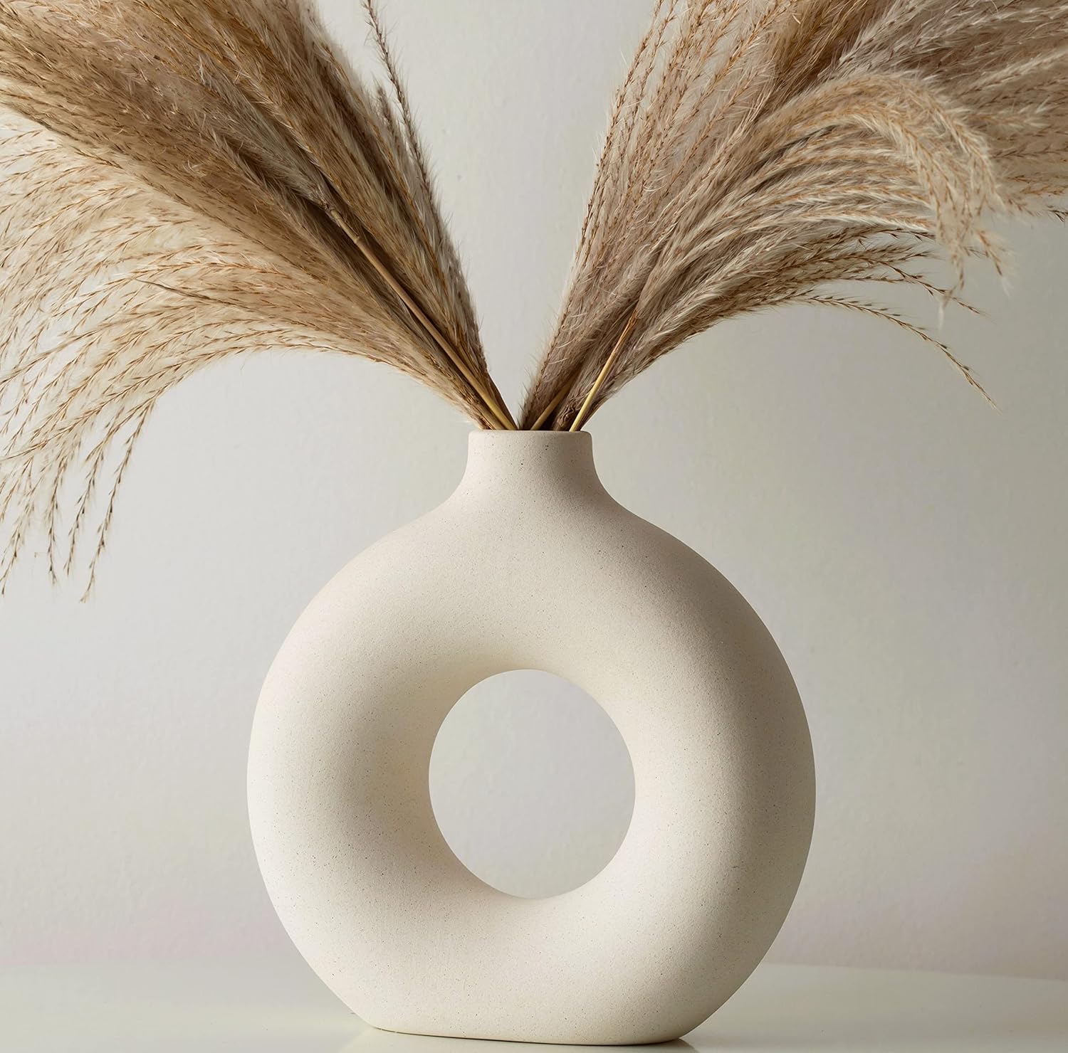 White Ceramic Vase for Pampas Grass, Bedroom Decor Aesthetic, Vases for Decor, Vase White Decor, Modern Vase, Boho Vase, Circle Vase, Round Vase, Donut Vase, Neutral Vases Home Decor, 7.5 Tall