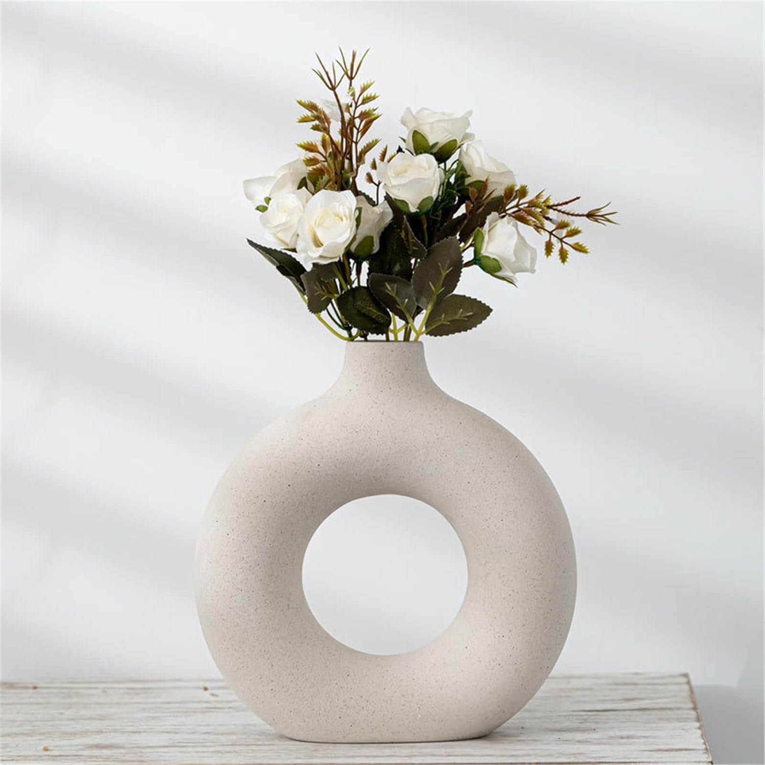 White Circle Ceramic Vase for Decor, Circular Matte Hollow Donut Flower Vases Decorative Minimalist Modern Nordic Boho Style for Home Living Room Office Bedroom Table (H7.5''  W7.1'')