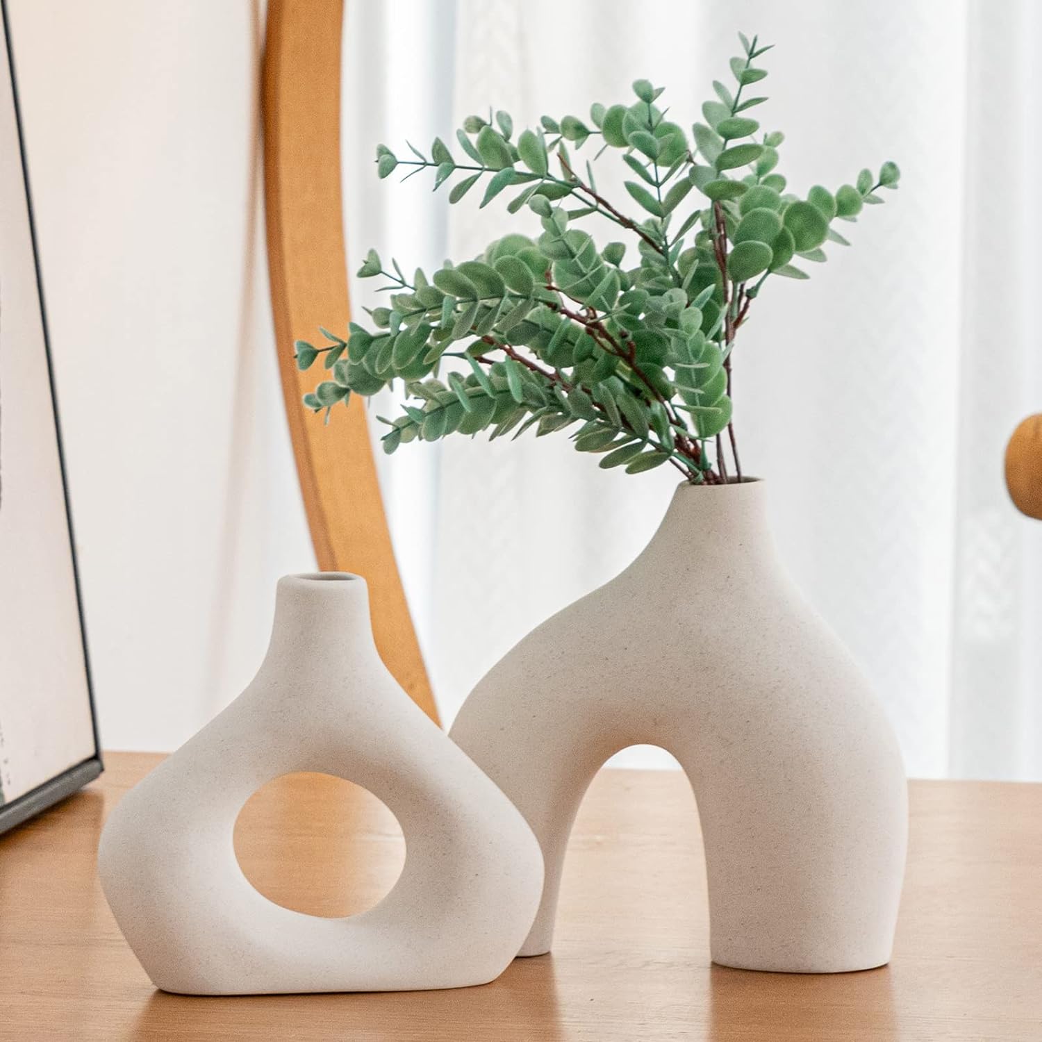 White Ceramic Vase Set of 2 for Modern Home Decor, Round Matte Donut Vases for Pampas Grass, Neutral Boho Nordic Minimalism Style Flower Vases for Living Room Wedding Table Party Office Bedroom