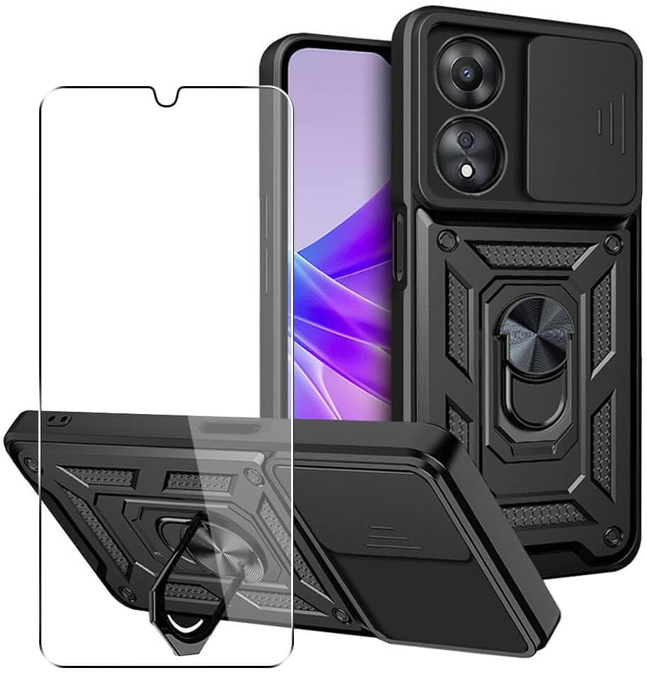 Case Compatible with Oppo A58 / A78 5G, Phone Cover with Camera Lens Protection, Stand, Magnetic Ring Holder and Glass Screen Protector (Black)