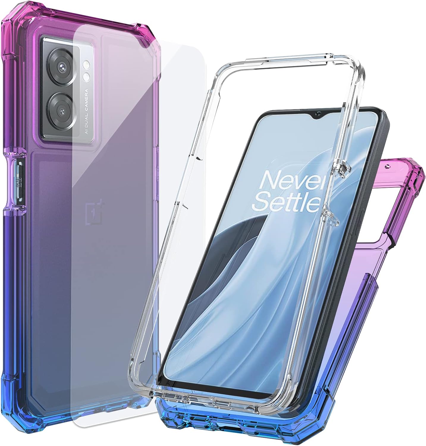 Ailiber Case for OnePlus Nord N300 5G, Oppo A77 5G Case with Screen Protector, Dual Layer Structure Protection, Shock-Absorbing Corner TPU Bumper, Military Grade Phone Cover for One  N300-Blue Pink