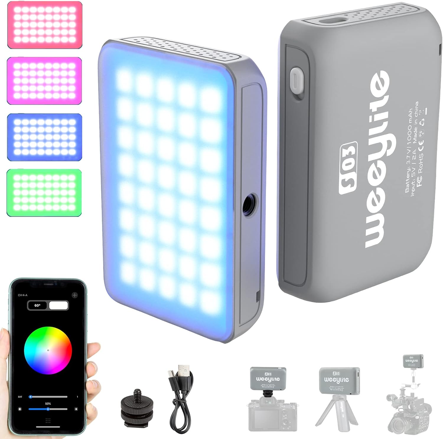 Weeylite LED On Camera Video Light, 360 Full Color RGB LED Camera Light with App Control, Pocket Photo Light 2800-6800K Portable Panel Lights Photography Lighting for Photoshoot Zoom Lighting