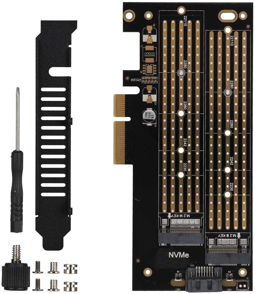 ASHATA PCIE Adapter Card,PCIE to M.2 SATA+NVME Dual Disk Expansion Card for 2230 2242 2260 2280 22110 Size M.2 SSD,Full-Speed PCI-E 3.0  4 Bottom-Level Full-Speed Design up to 40GBps