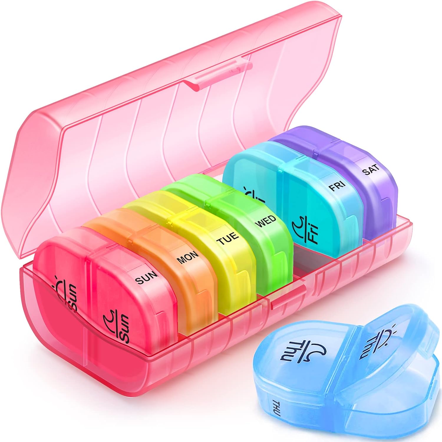 This pill container is great. Keeps everything organized for my morning and evening meds. I take 10 pills in the morning and it holds all with room to spare. Not child safe so make sure to keep out of reach. Sturdy, holds up well in luggage or handbag.