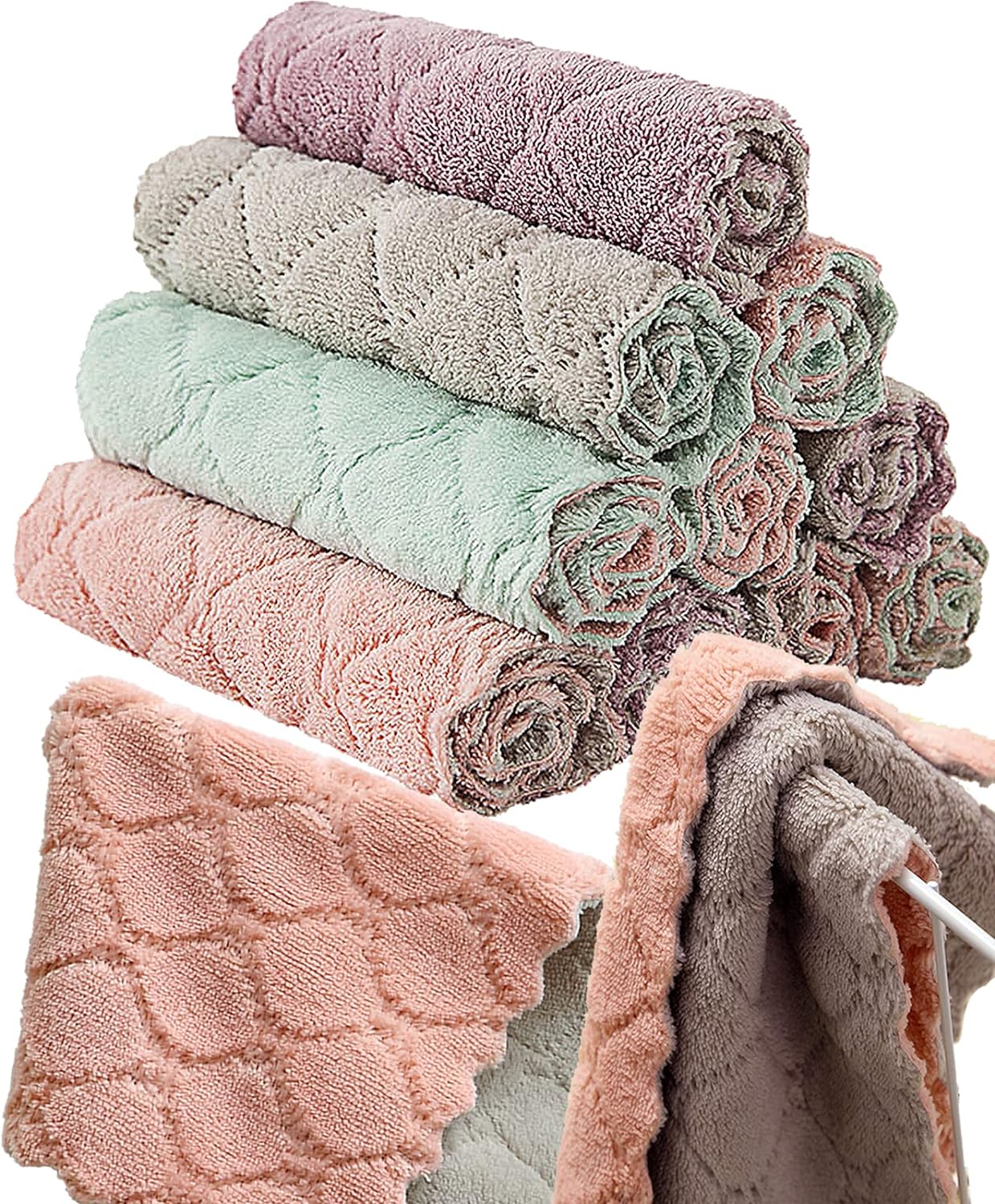 12 Pack Kitchen Towels Quick Dry Washcloths, Coral Velvet Dishtowels Multipurpose Reusable Cloths, Soft Tea Absorbent Cleaning Cloths Double-Sided Microfiber Lint Free Rags.