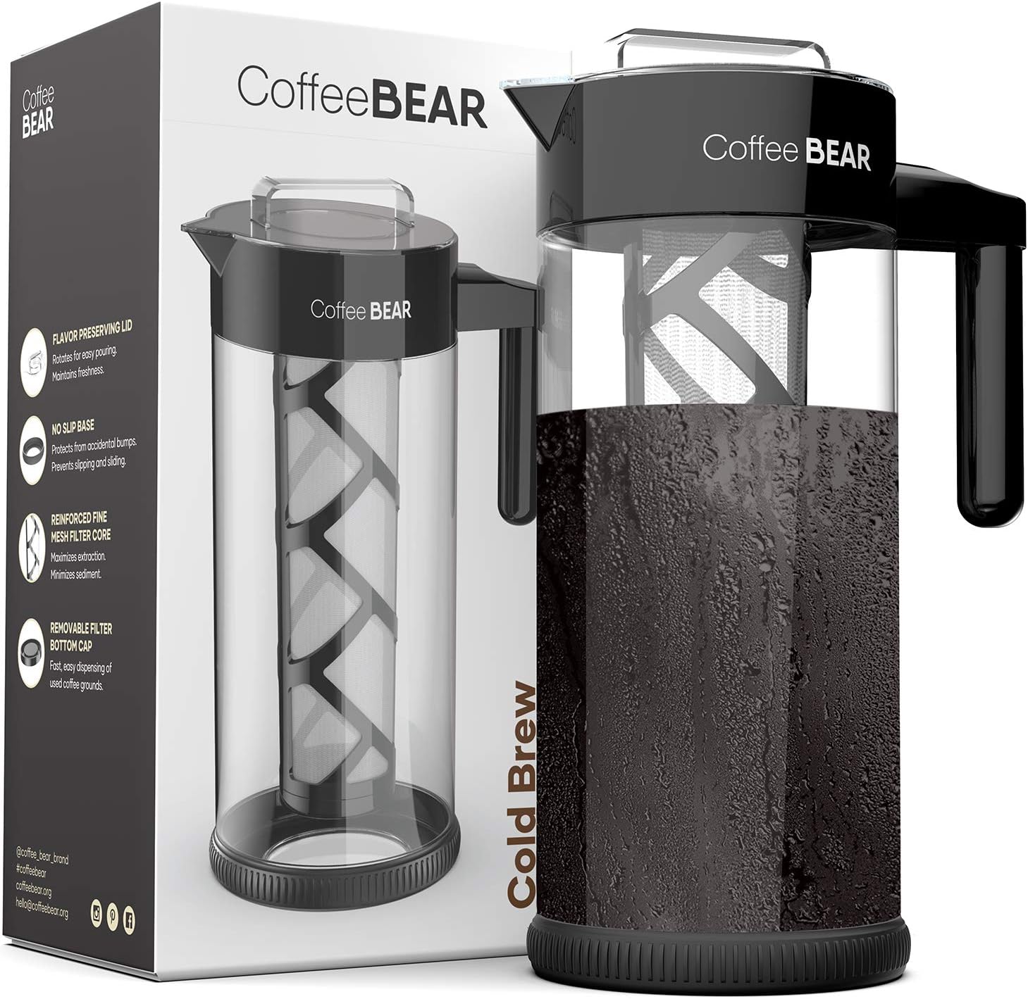  Cold Brew Coffee Maker and Ice Tea Brewer, Borosilicate Glass Pitcher with Mesh Filter, 1.3L (44oz)