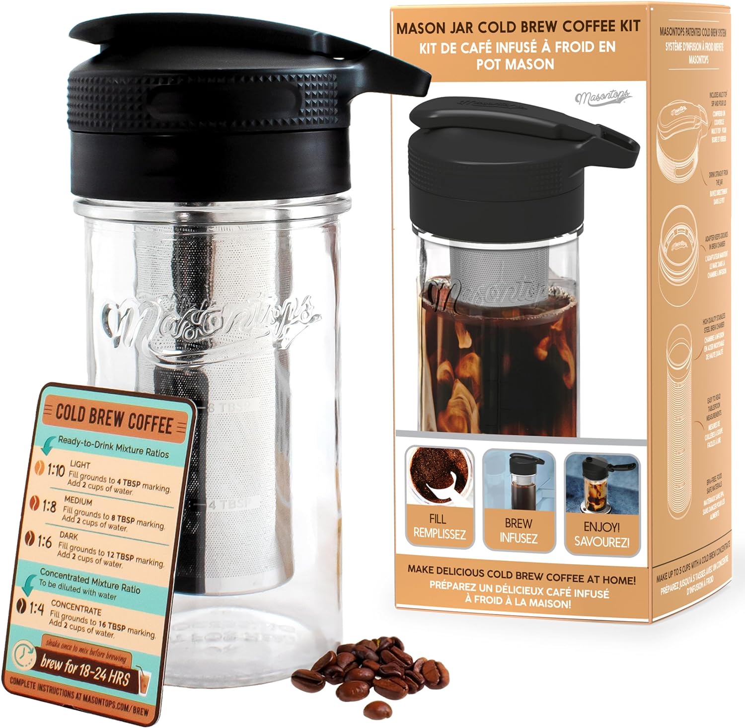 Masontops Cold Brew Makers Kit - Iced Coffee Cold Brew Coffee Maker Tea Maker - Easy Mason Jar Pour Spout & Sip Cap Coffee Accessories Coffee Cold Brew Maker 24 oz Iced Coffee Maker Cold Brew Machine