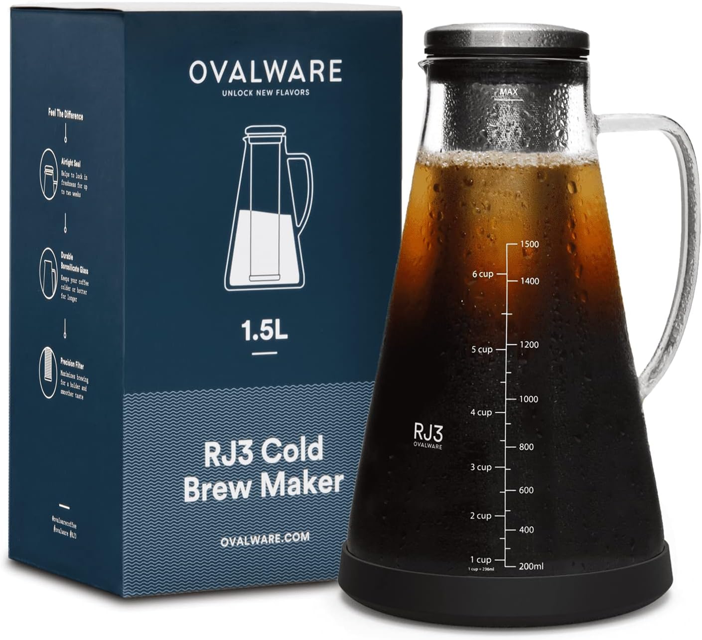 ovalware Airtight Cold Brew Iced Coffee Maker Pitcher (& Iced Tea Maker) with Spout  1.5L/ 51oz RJ3 Brewing Glass Carafe with Removable Stainless Steel Filter