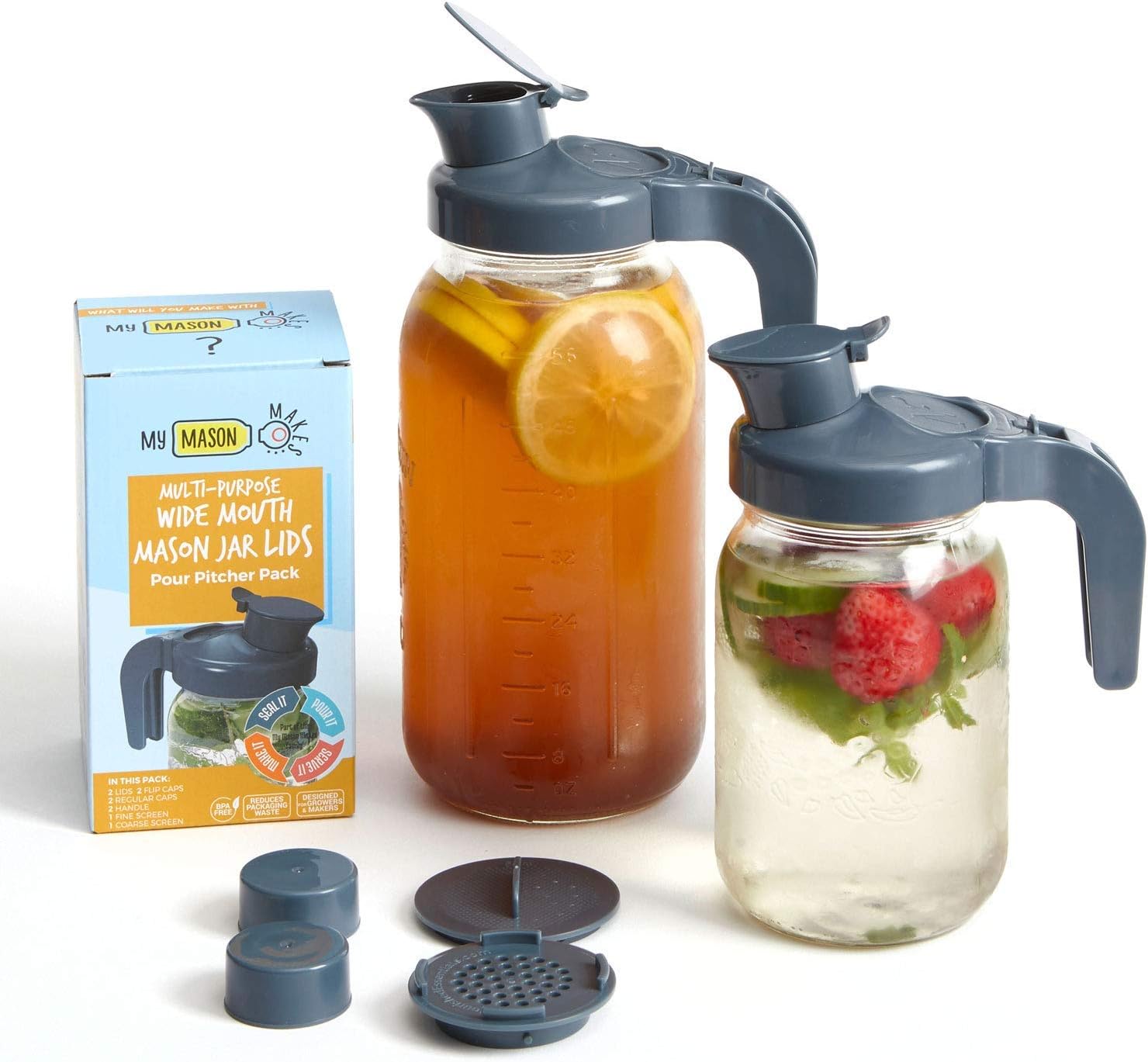 Nourished Essentials My Mason Makes Mason Jar Drinking Lids and Pour Spout Lid - 2 Each Lids, Pour Caps, Flip Caps, Handle, Filters, for Half Gallon Mason Jar with Wide Mouth