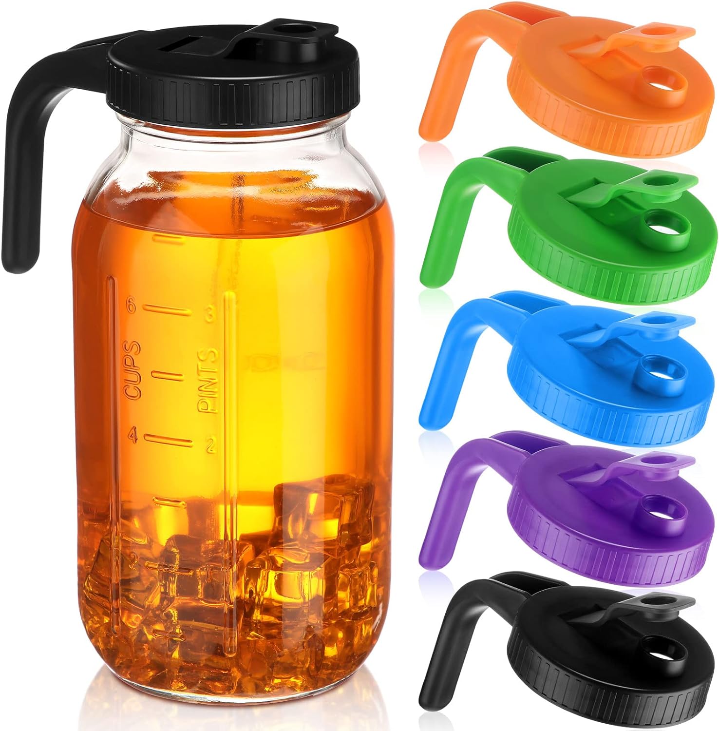 5 Pcs Wide Mouth Mason Jar Pour Spout Lids with Handle Reusable Plastic Flip Cap Lid, Leak Proof Airtight Seal, Jar Not Included (Black, Orange, Green, Purple, Blue)